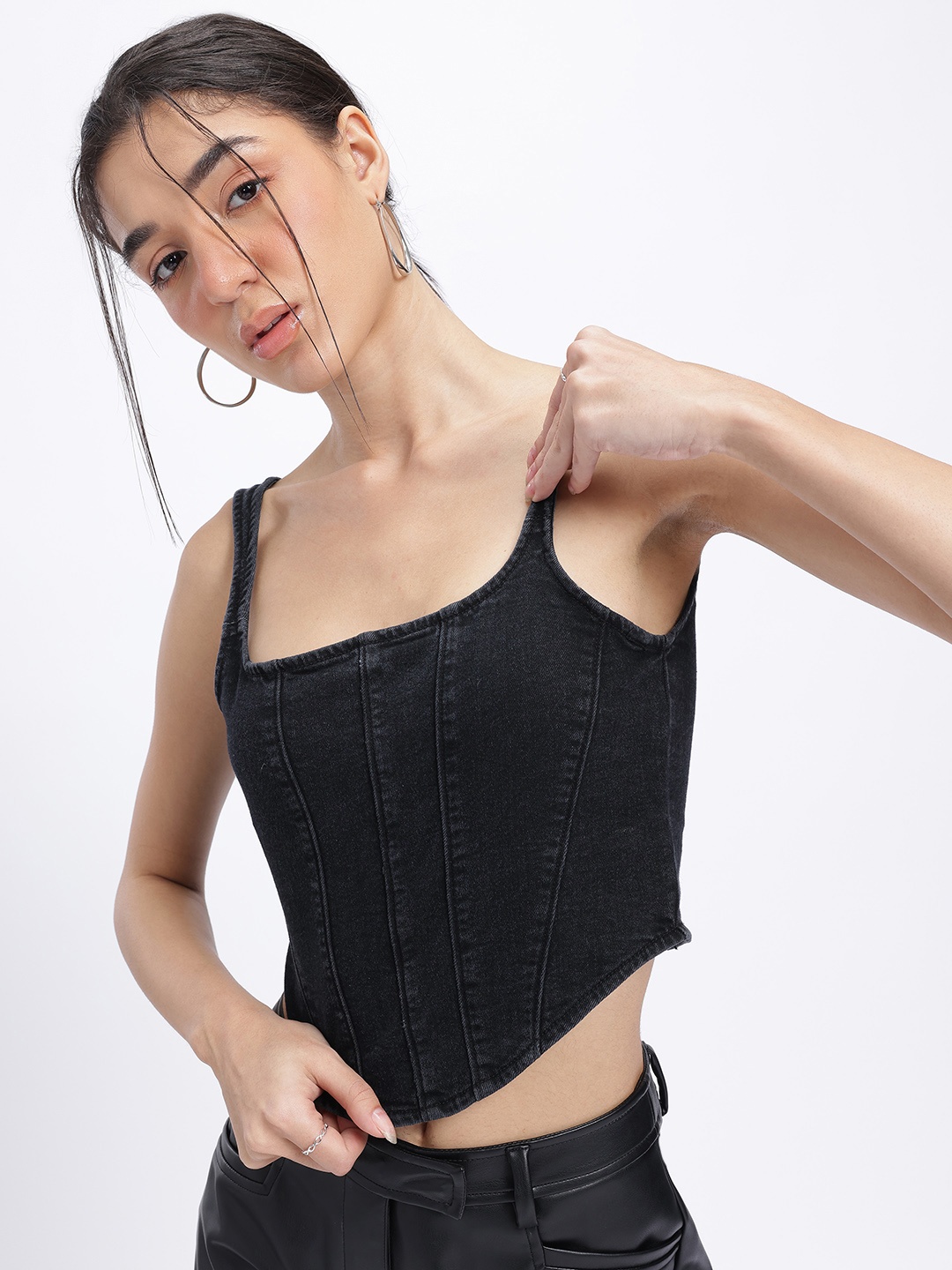 

glitchez Denim Daze Corset Crop Top, Black