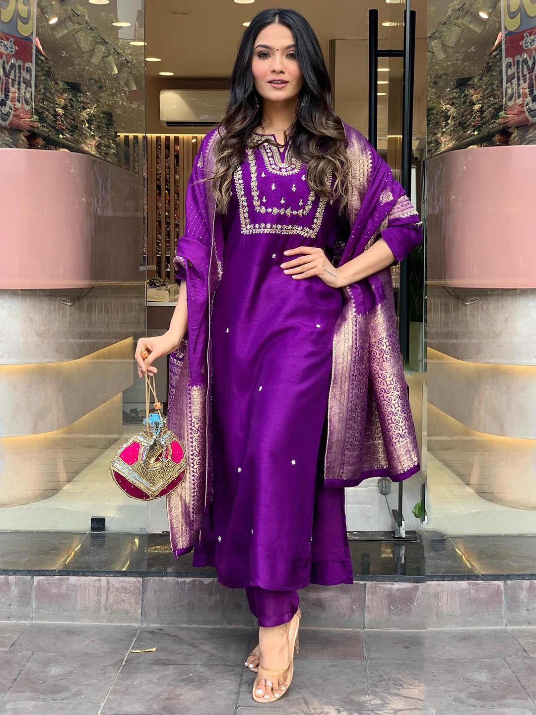 

KALINI Women Embroidered Regular Thread Work Kurta with Trousers & With Dupatta, Purple