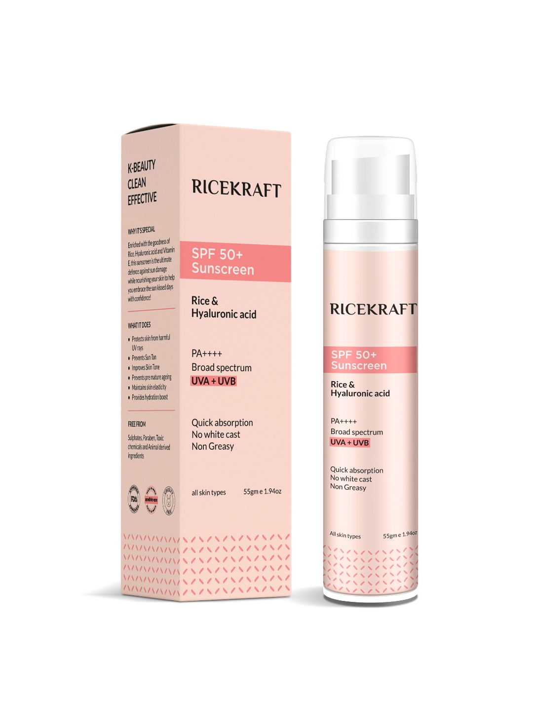 

Ricekraft Rice & Hyaluronic Acid Sunscreen With SPF 50+ - 55g, White