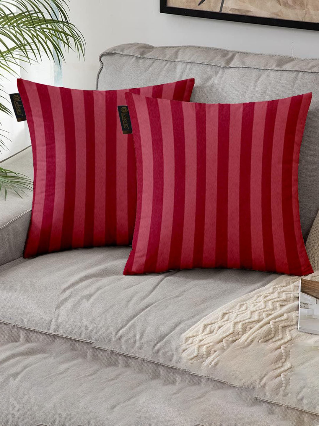 

Lushomes Maroon & Pink Set of 2 Striped Square Cushion Covers
