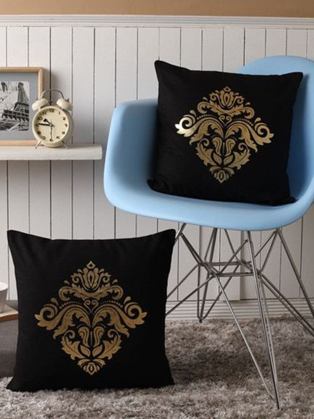 

Lushomes Black & Gold-Toned Set of 2 Ethnic Motifs Square Cushion Covers