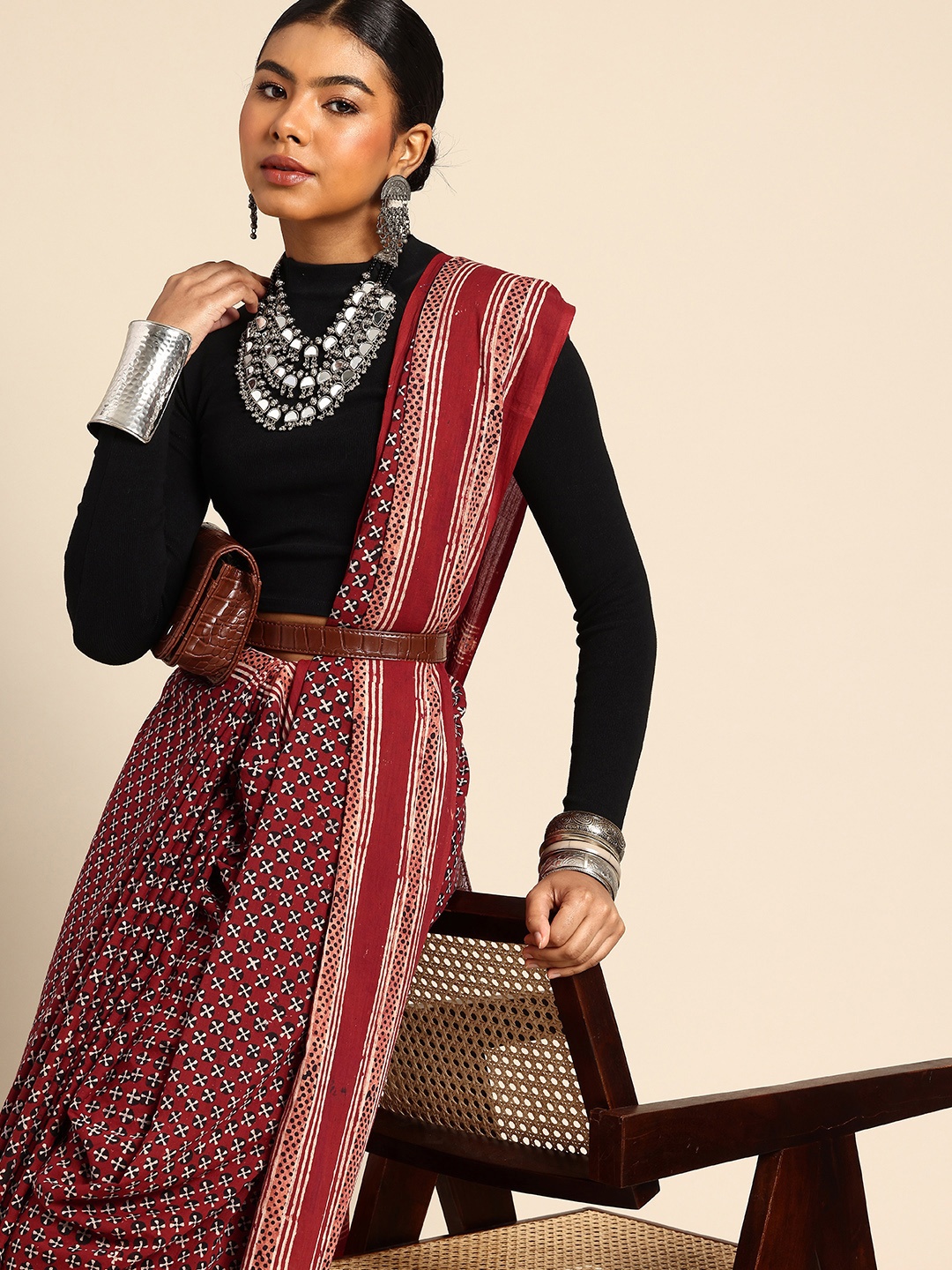 

Taavi Ethnic Motifs Pure Cotton Block Print Saree, Red