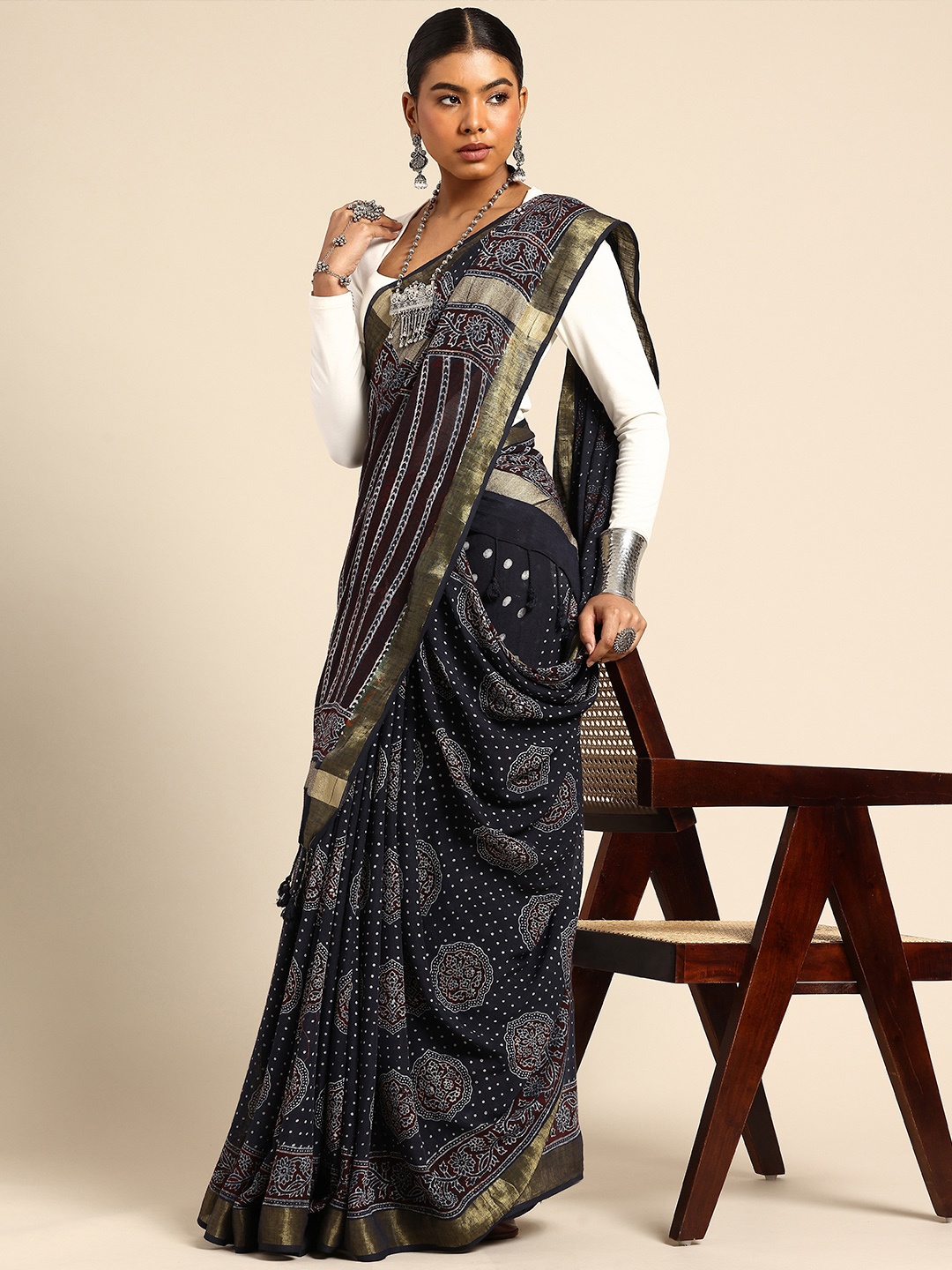 

Taavi Ajrakh Hand Block Printed Saree with Zari Border, Navy blue