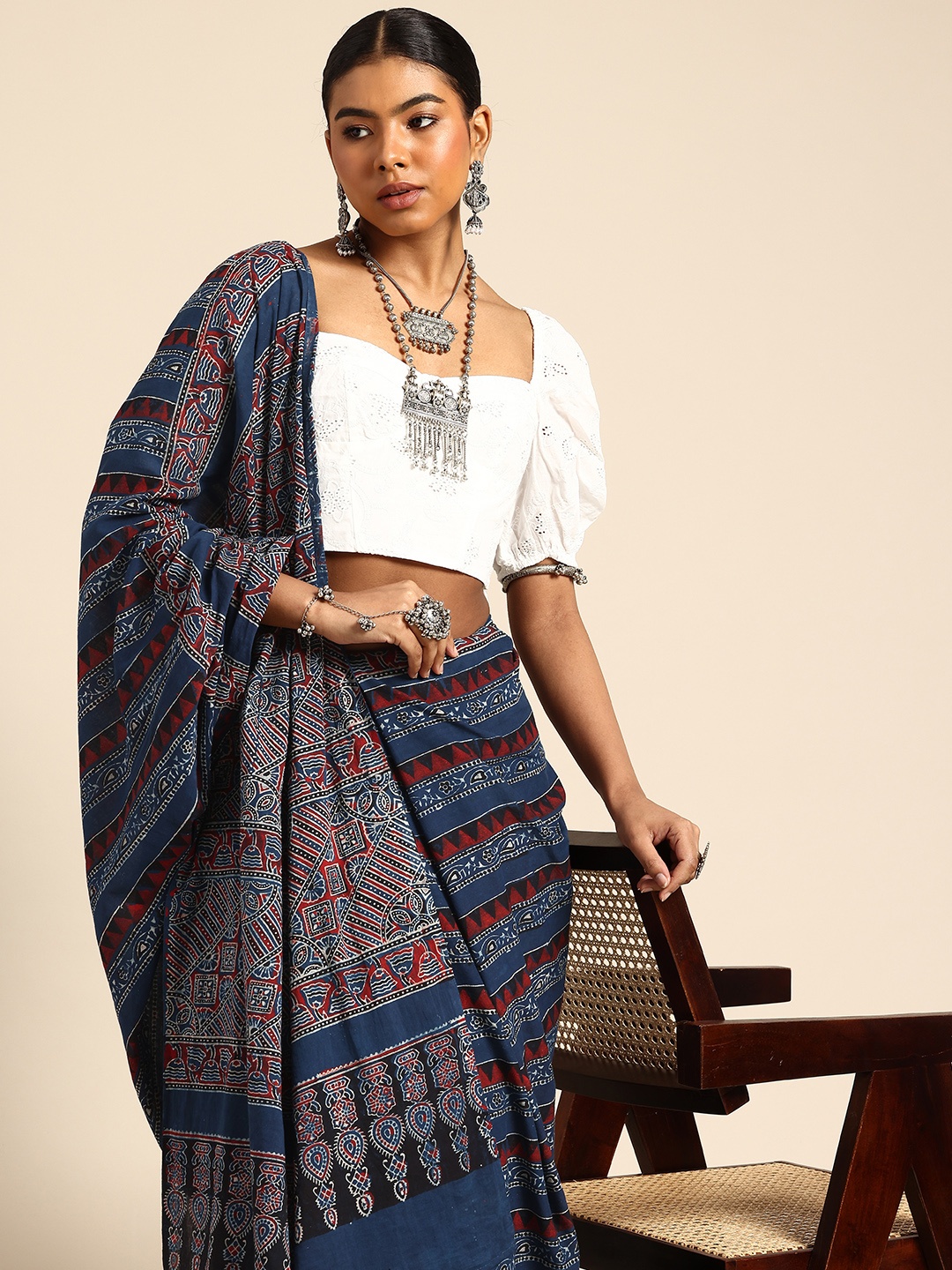 

Taavi Ajrakh Hand Block Printed Saree with Zari Border, Blue