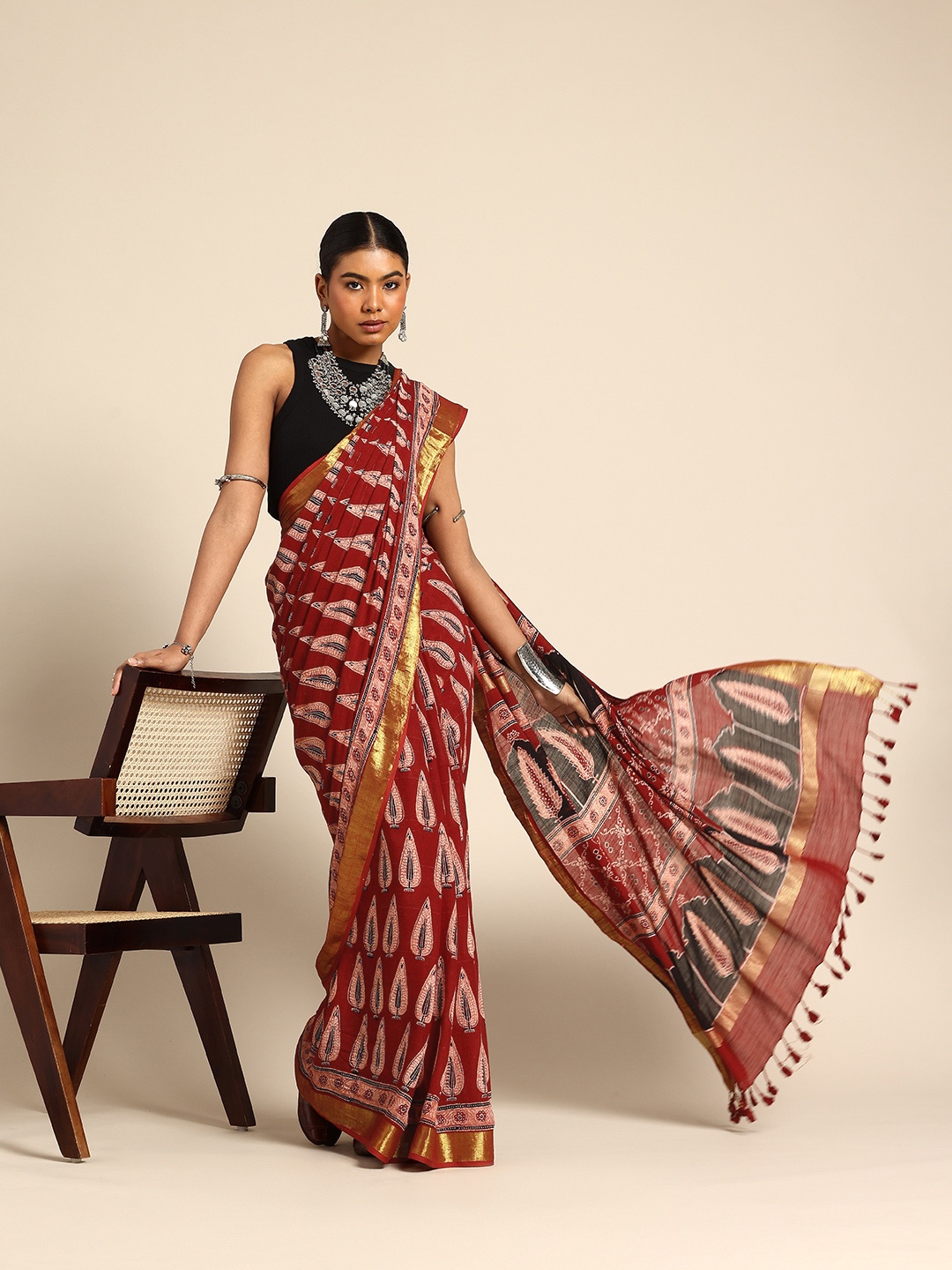 

Taavi Ajrakh Hand Block Printed Saree with Zari Border, Red