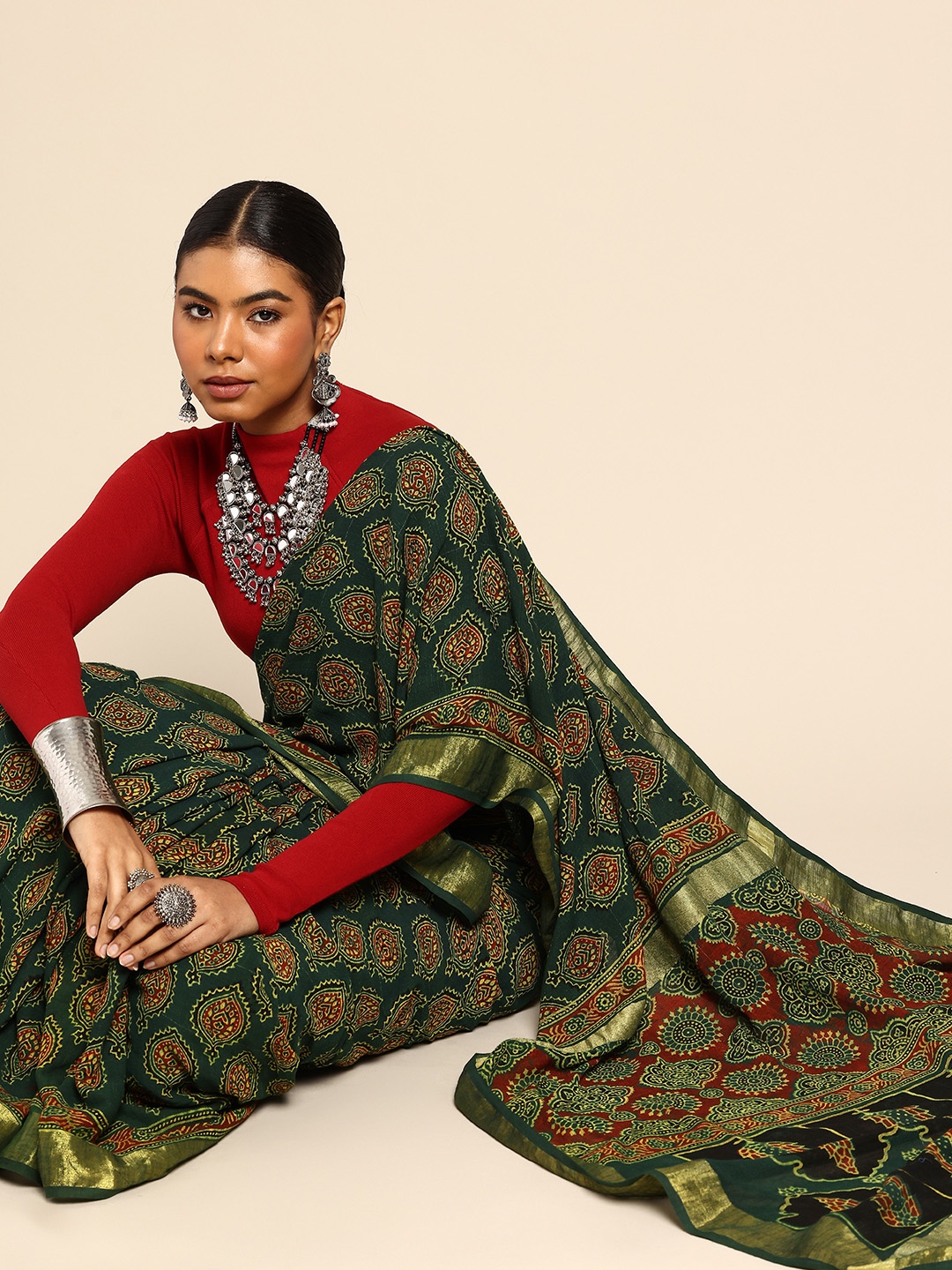 

Taavi Ajrakh Hand Block Printed Saree with Zari Border, Green