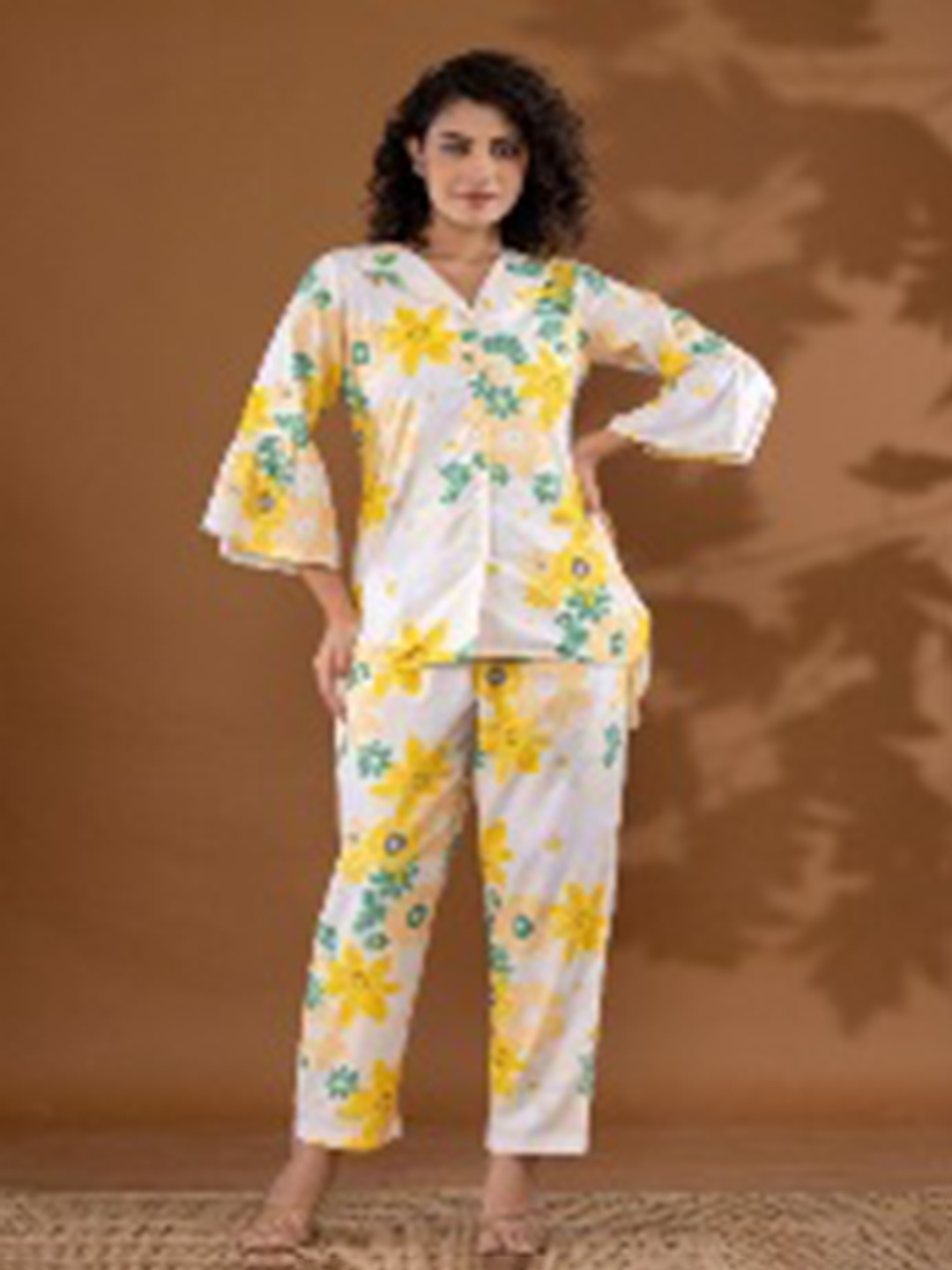 

FLAMBOYANT Floral Printed V-neck Three-Quarter Sleeves Shirt With Trouser, Yellow