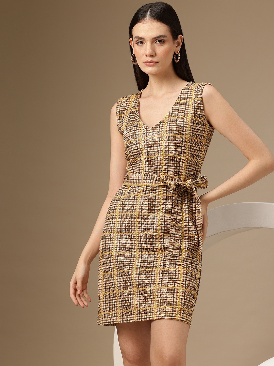 

Chemistry Checked A-Line Dress With Belt, Beige