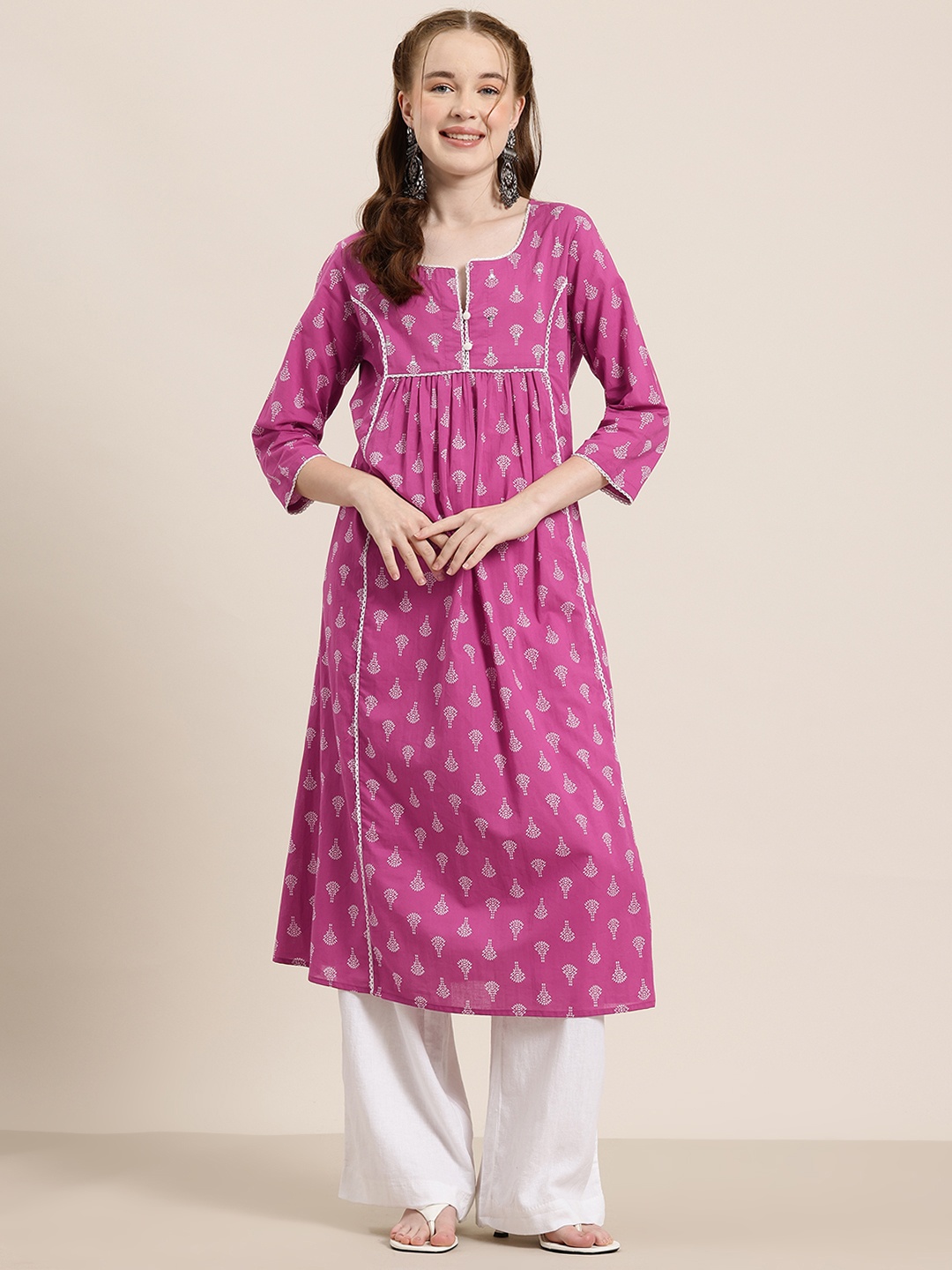 

HERE&NOW Ethnic Motifs Printed Pure Cotton Kurta, Pink
