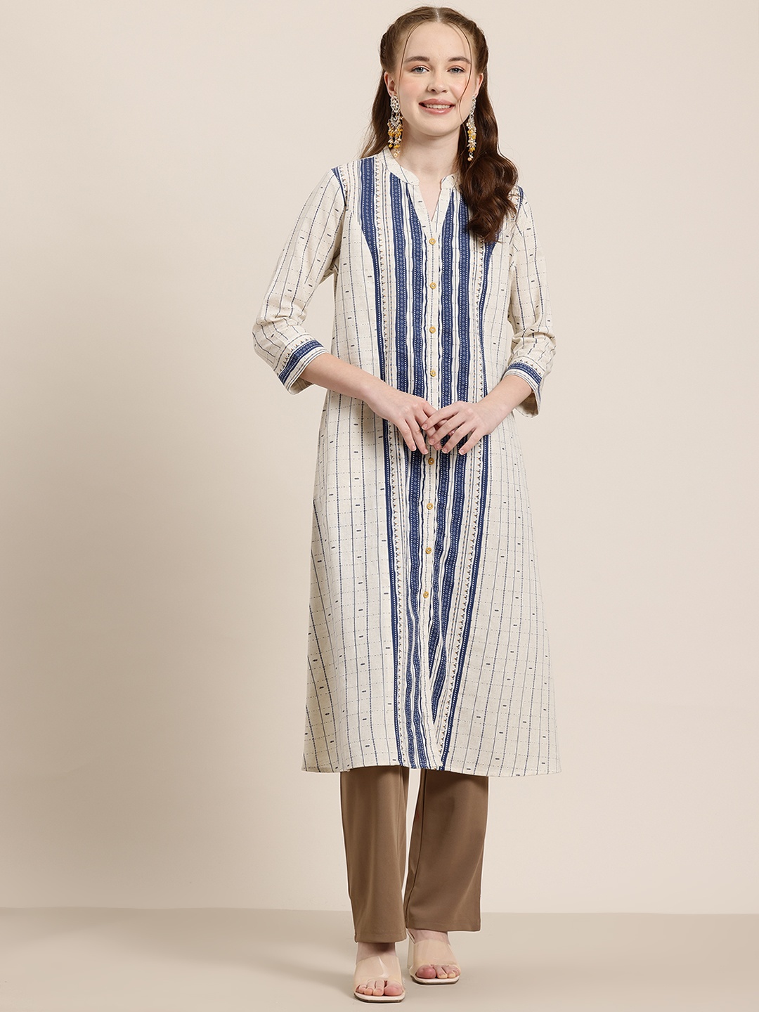 

HERE&NOW Striped Pure Cotton Kurta, Off white