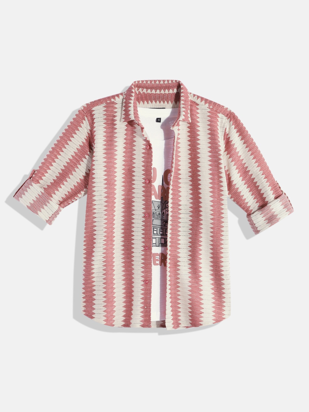 

CAVIO Boys Comfort Striped Pure Cotton Casual Shirt with Tshirt, Peach