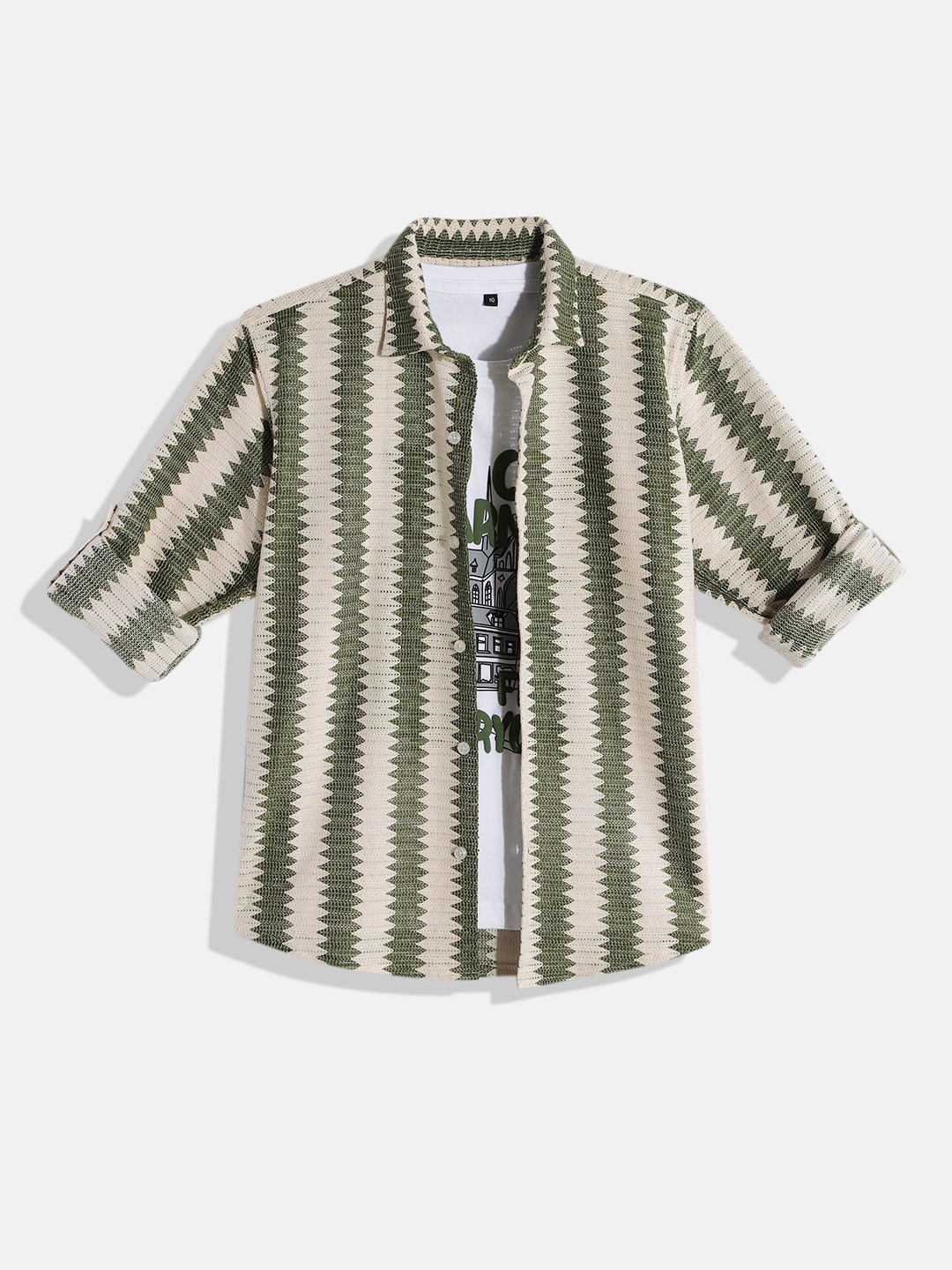 

CAVIO Boys Comfort Semi Sheer Striped Pure Cotton Casual Shirt with T-shirt, Olive
