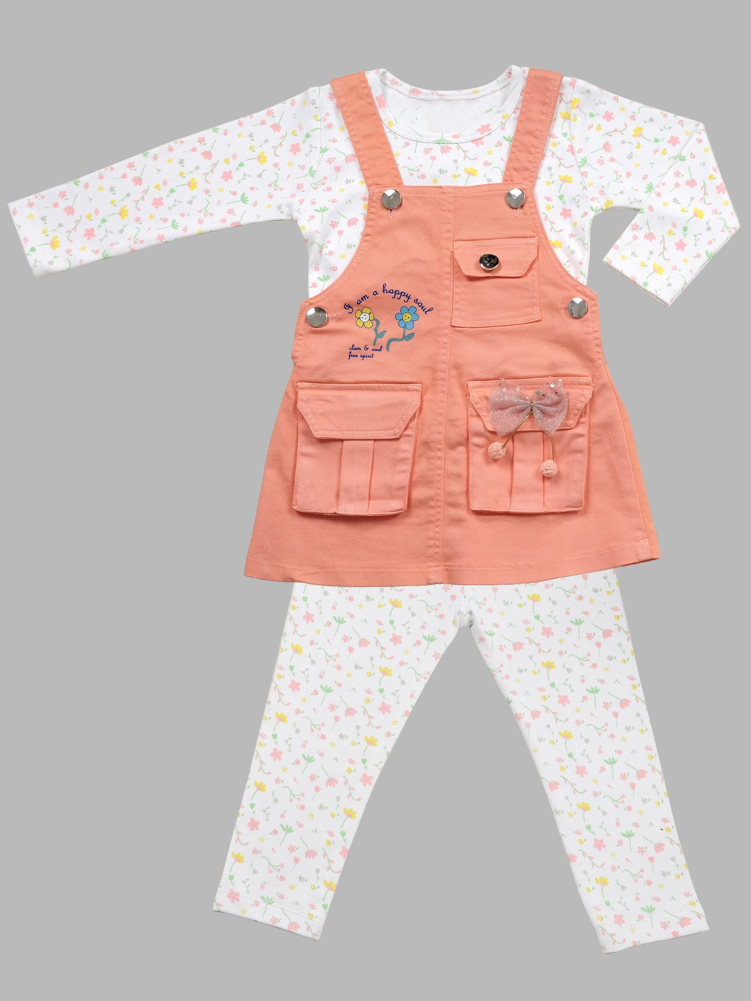 

Babys Day Infant Girls Printed Cotton Dungaree With T-Shirt & Leggings, Peach