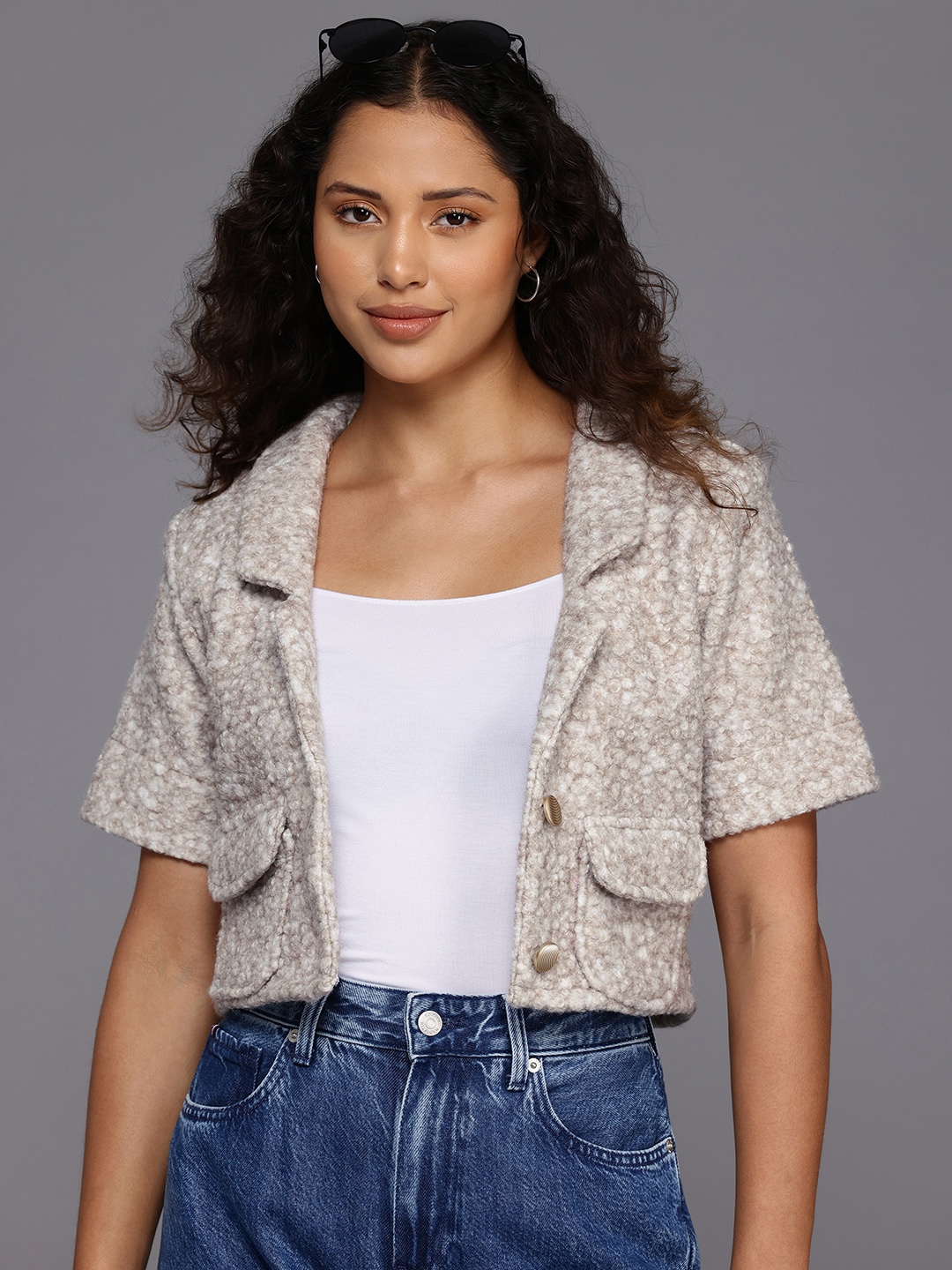

BROOWL Self Design Single-Breasted Woollen Tweed Crop Blazer, Green