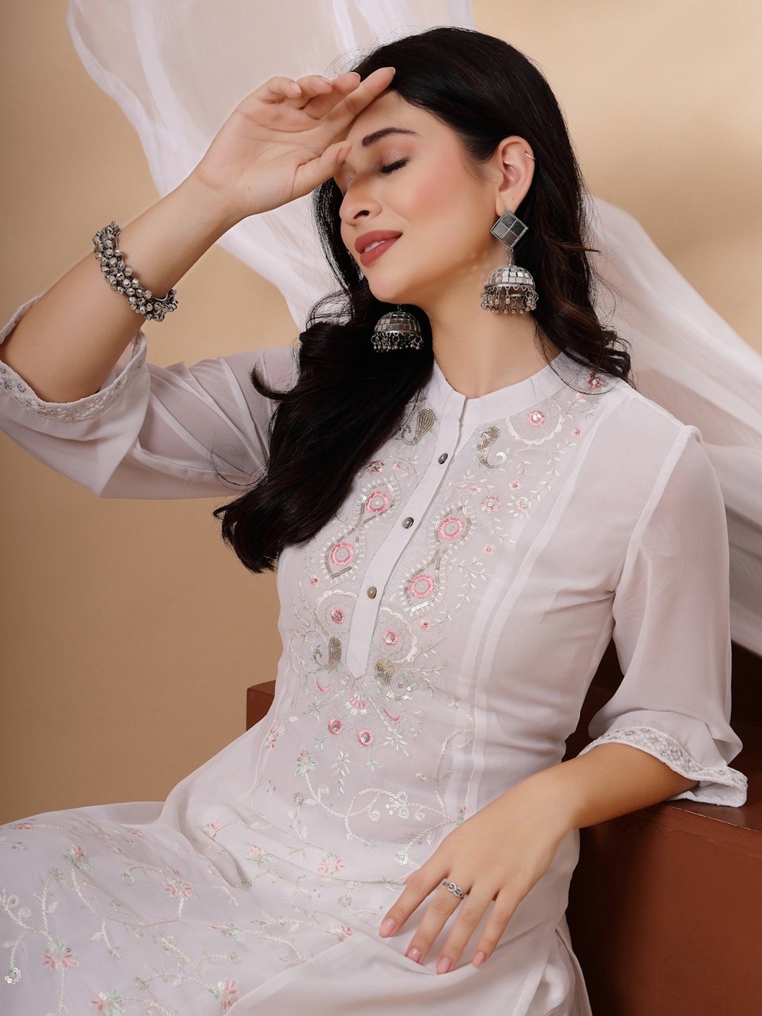 

Nayam By Lakshita Women Floral Embroidered Regular Beads and Stones Kurta with Palazzos & With Dupatta, White