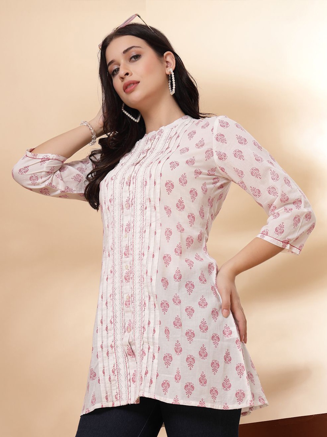 

Nayam By Lakshita Ethnic Printed A-line Cambric Tunic, Fuchsia