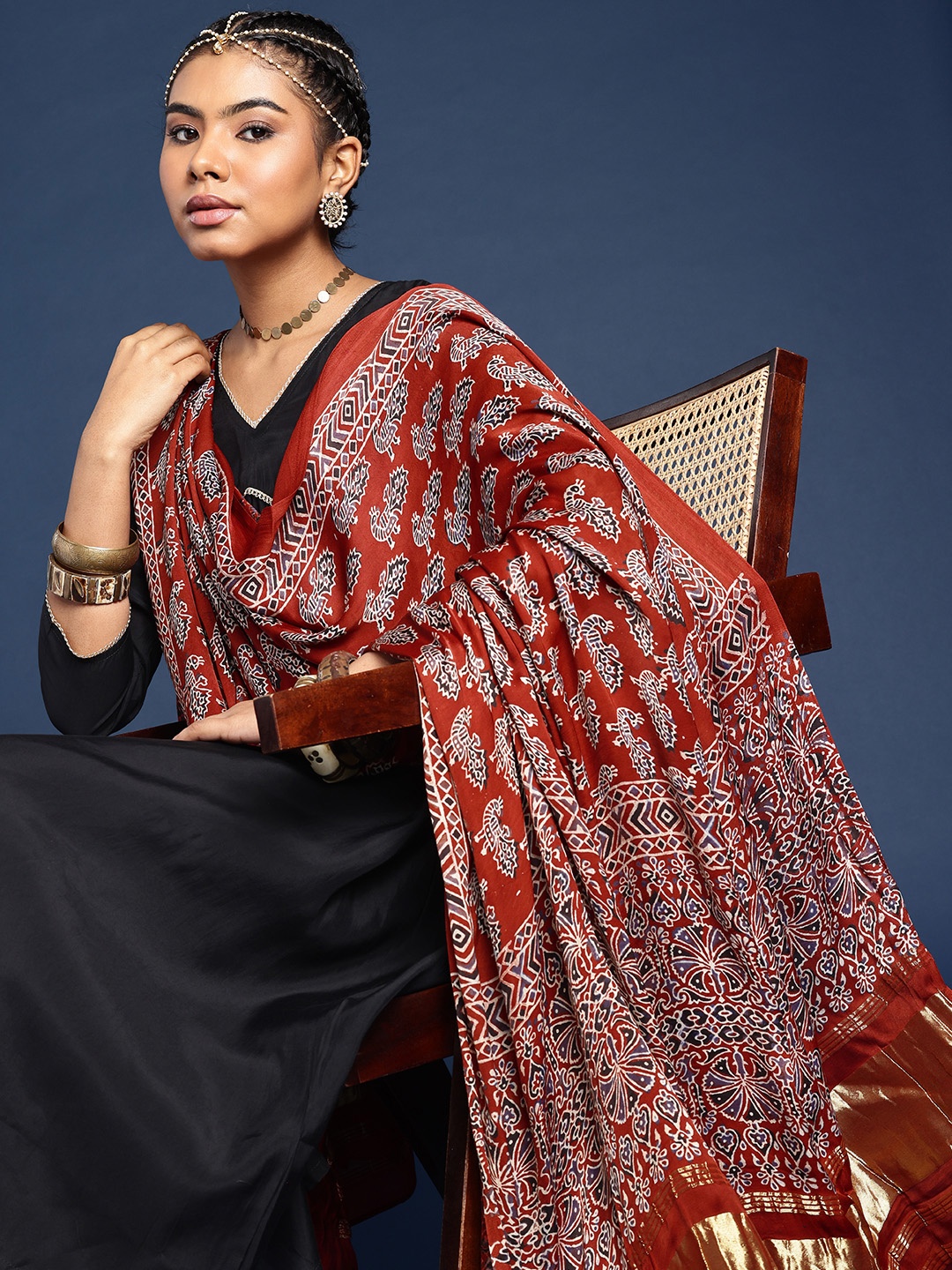 

Taavi Ajrakh Hand Block Printed Dupatta with Zari, Maroon