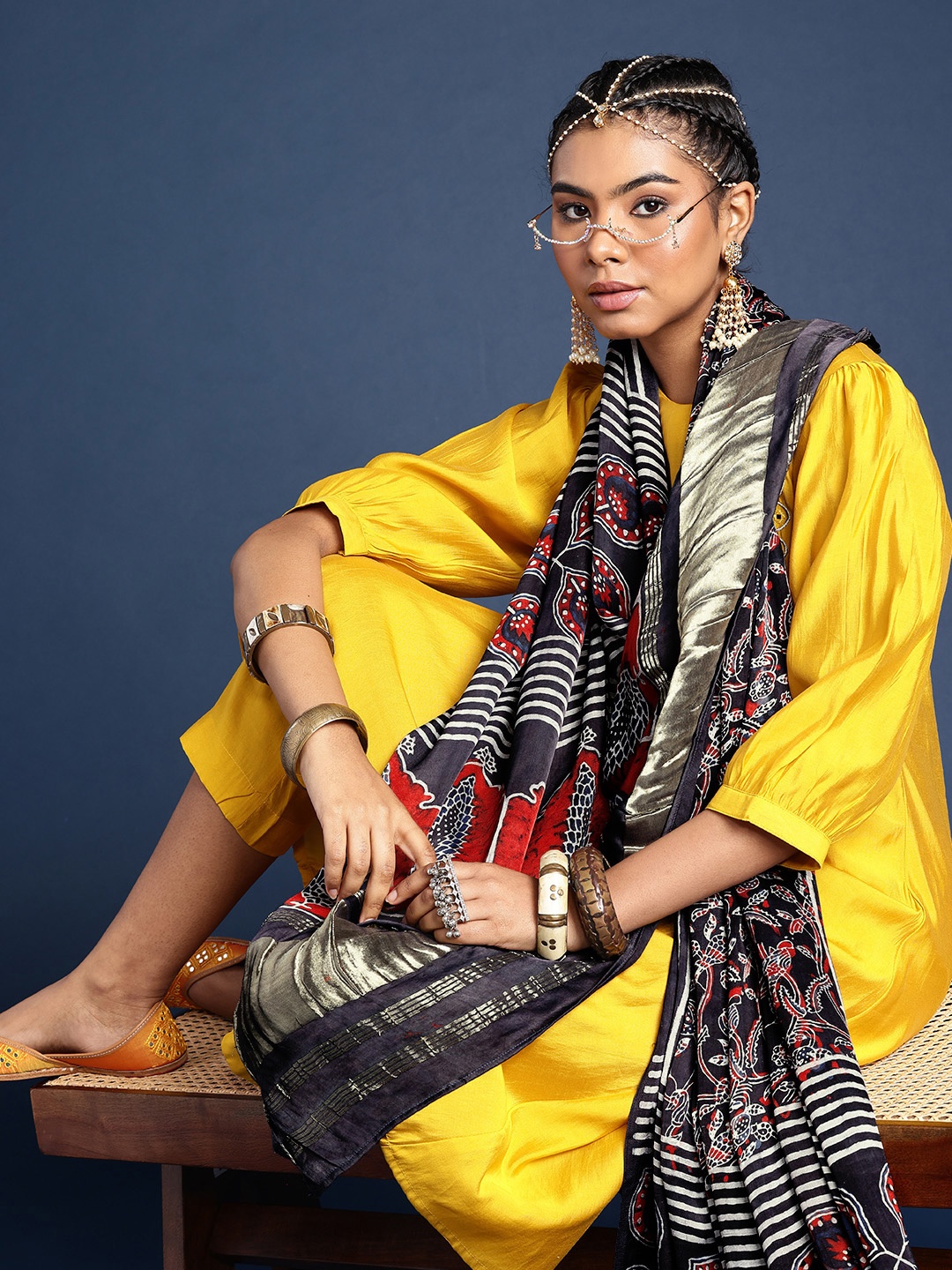 

Taavi Ethnic Motifs Printed Block Print Dupatta with Zari, Black
