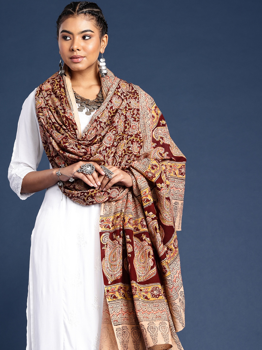 

Taavi Hand Block Printed Kalamkari Cotton Dupatta, Brown