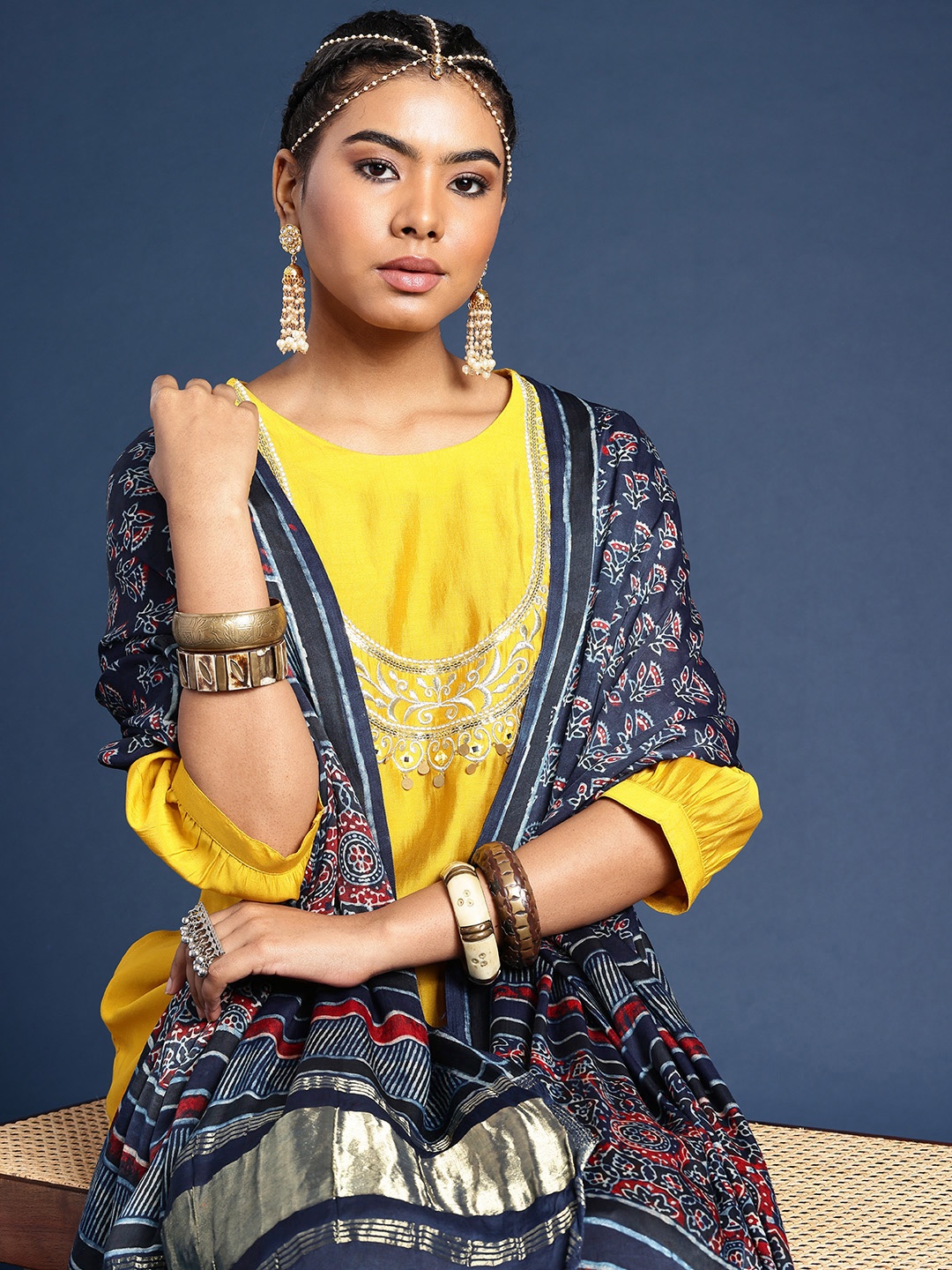 

Taavi Ethnic Motifs Printed Block Print Dupatta with Zari, Blue
