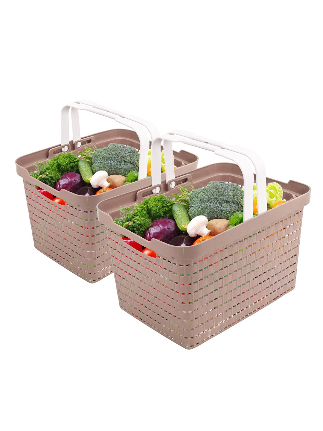 

Kuber Industries Beige 2 Pieces Textured Fruit and Vegetable Baskets With Foldable Handles