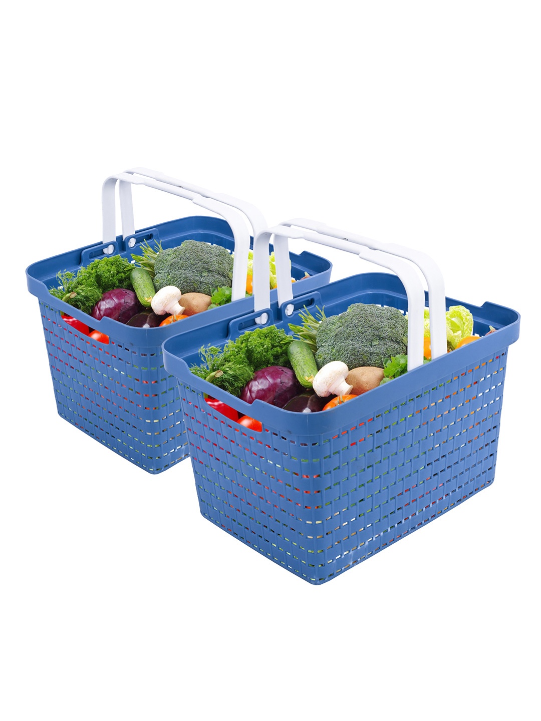 

Kuber Industries Blue 2 Pieces Textured Fruit and Vegetable Baskets With Foldable Handles