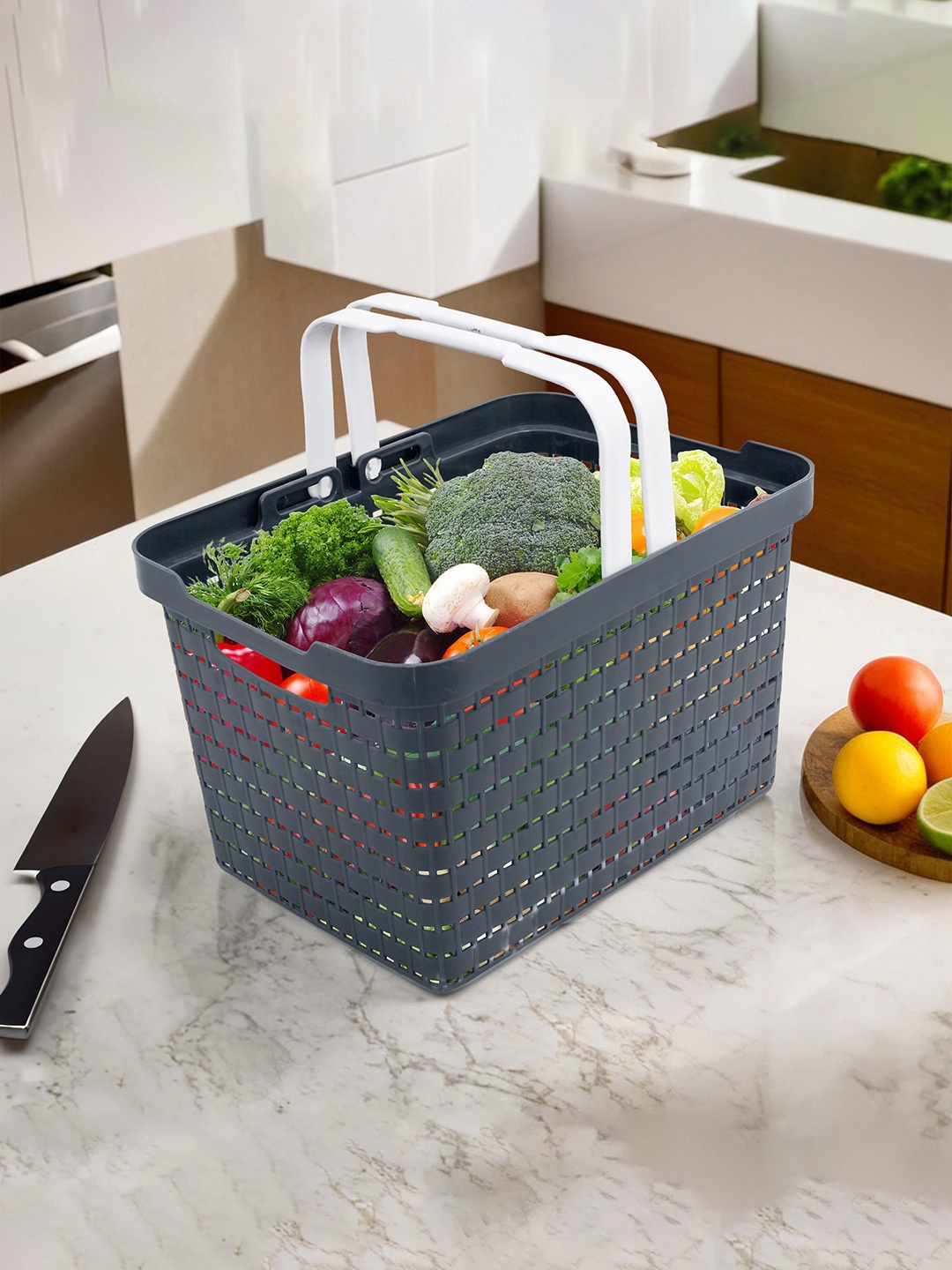 

Kuber Industries Grey Textured Fruit and Vegetable Basket With Foldable Handles