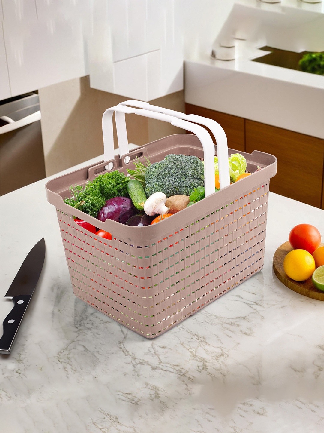 

Kuber Industries Beige & White Textured Fruit and Vegetable Basket With Foldable Handles