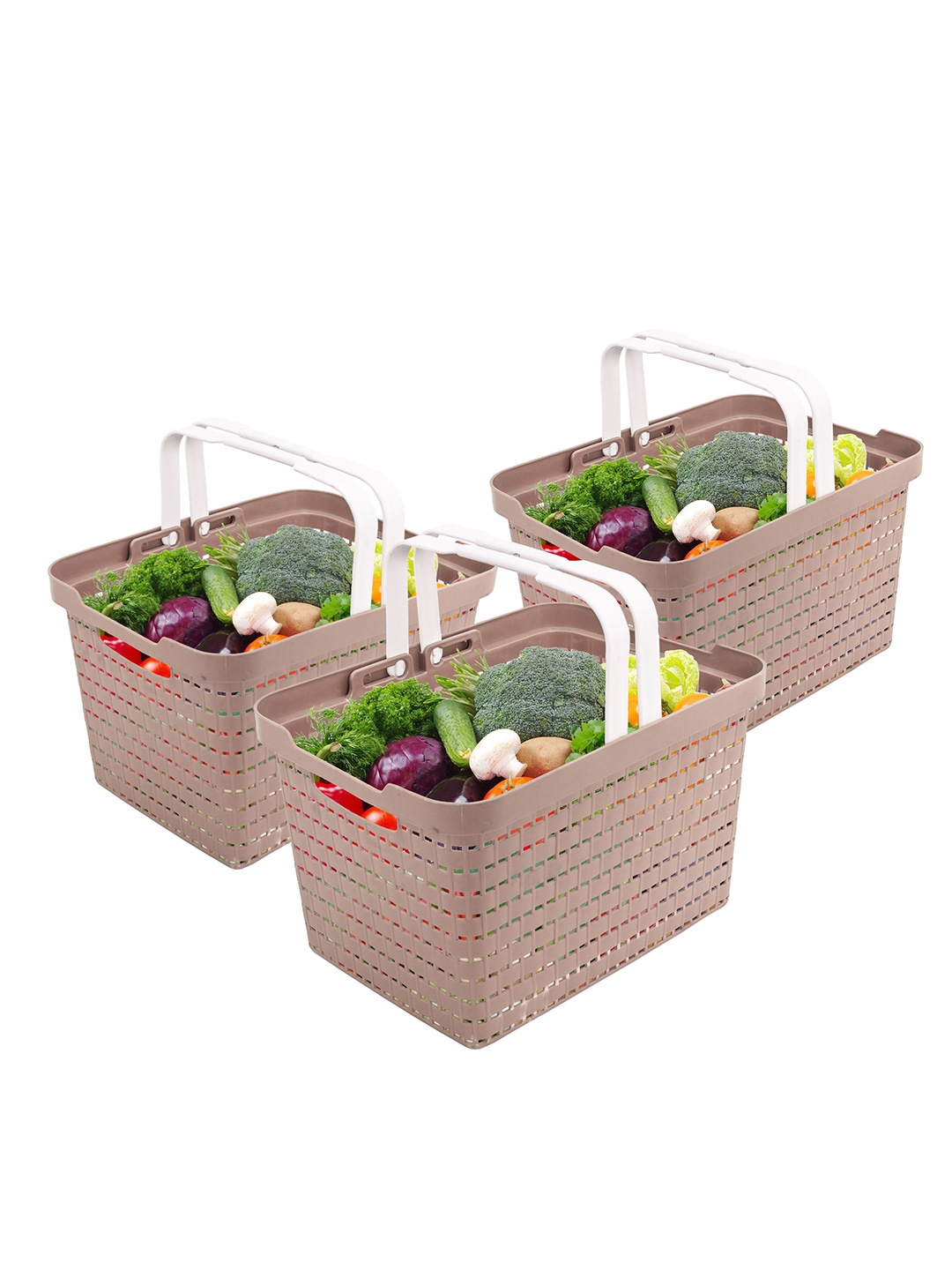 

Kuber Industries Beige 3 Pieces Textured Fruit and Vegetable Baskets With Foldable Handles