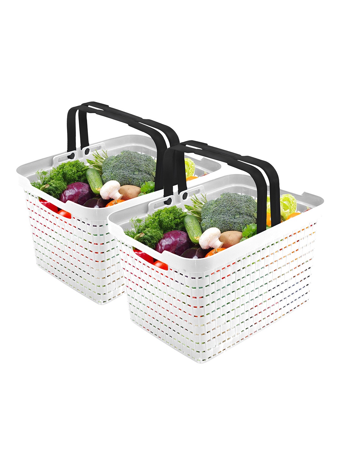 

Kuber Industries White 2 Pieces Textured Fruit and Vegetable Baskets With Foldable Handles