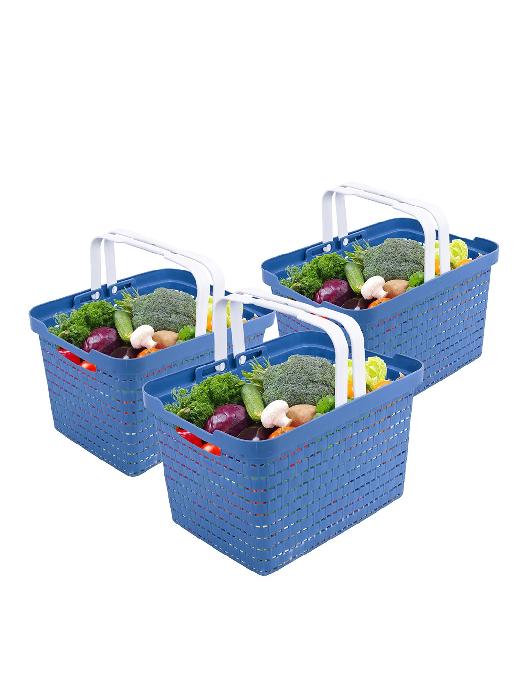 

Kuber Industries Blue 3 Pieces Textured Fruit and Vegetable Baskets With Foldable Handles