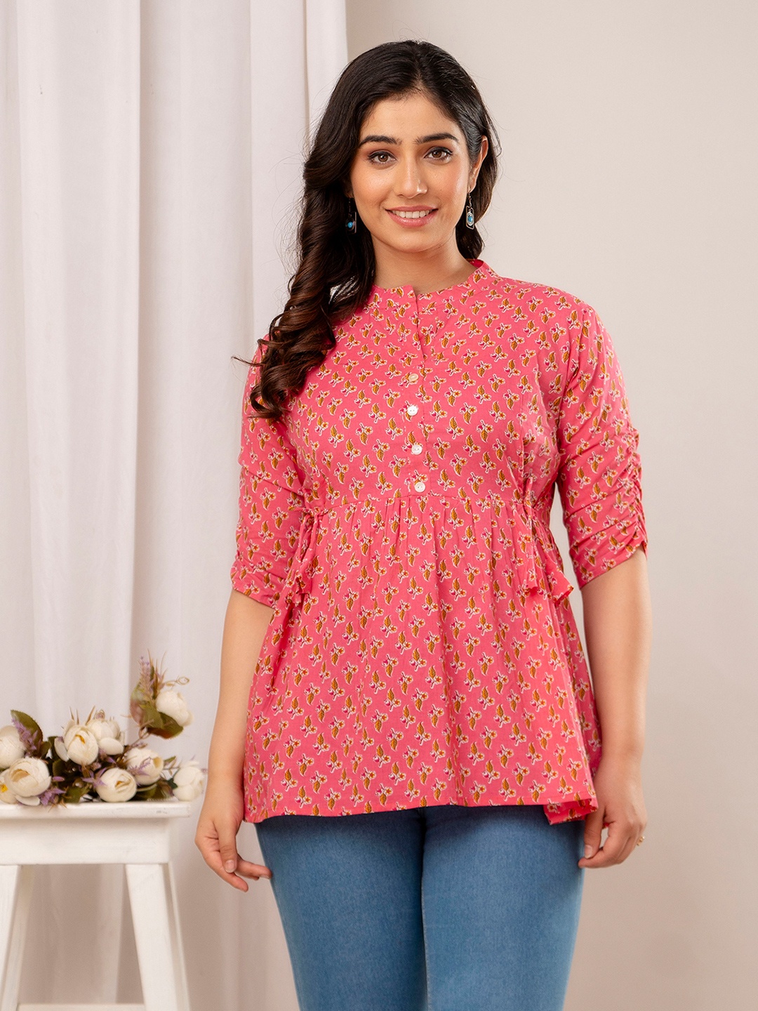 

MURLI KURTI Mandarin Collar Printed Tunic, Pink