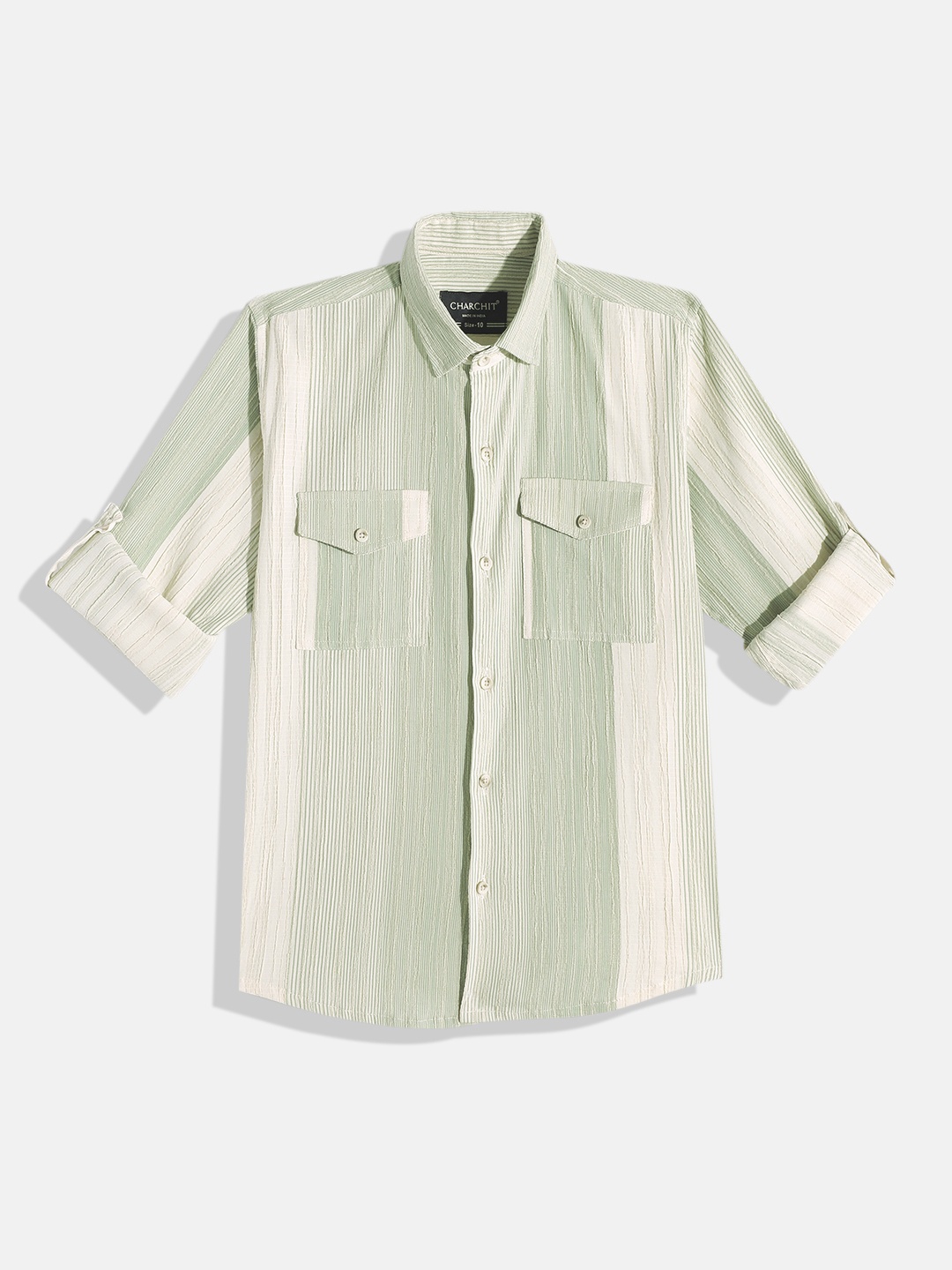 

CHARCHIT Boys Comfort Textured Striped Pure Cotton Casual Shirt, Olive