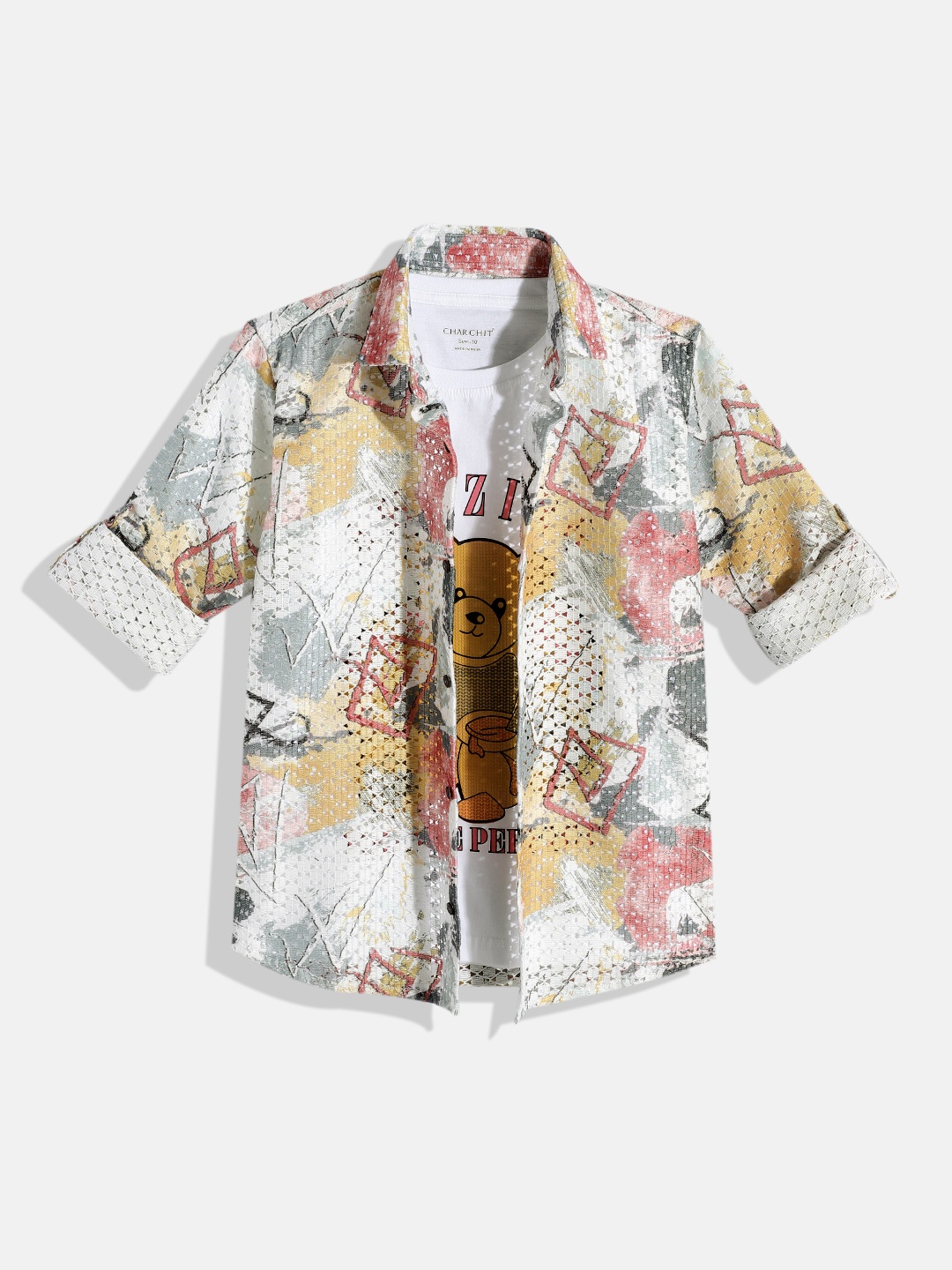 

CHARCHIT Boys Comfort Semi Sheer Printed Casual Shirt with Tshirt, Mustard