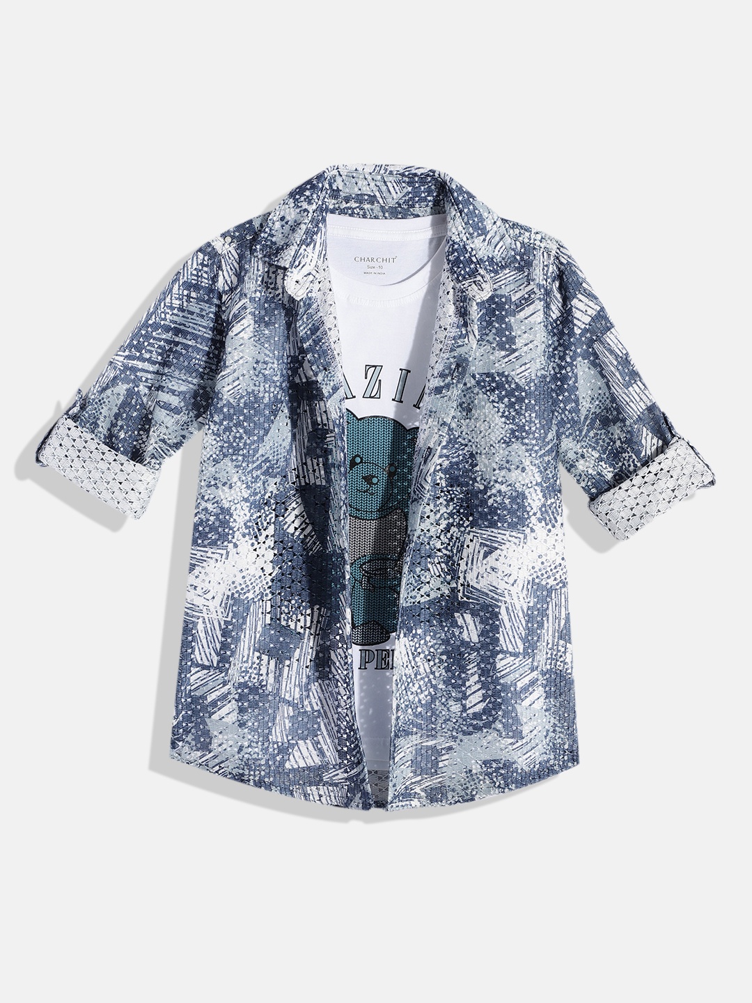 

CHARCHIT Boys Comfort Semi Sheer Printed Casual Shirt with Tshirt, Navy blue