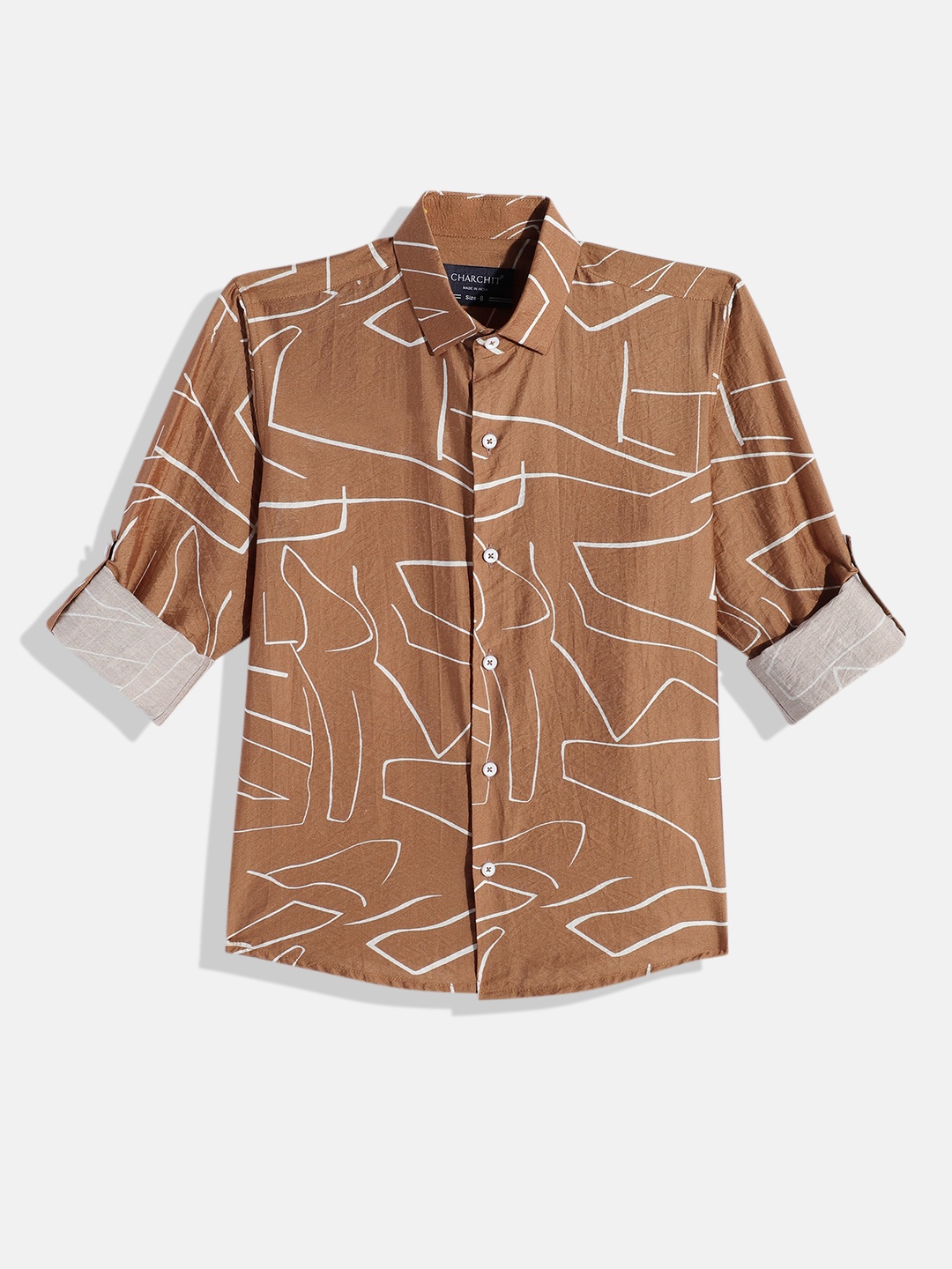 

CHARCHIT Boys Comfort Abstract Printed Pure Cotton Casual Shirt, Camel brown
