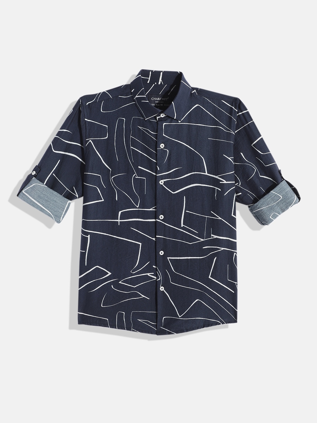 

CHARCHIT Boys Comfort Abstract Printed Pure Cotton Casual Shirt, Navy blue