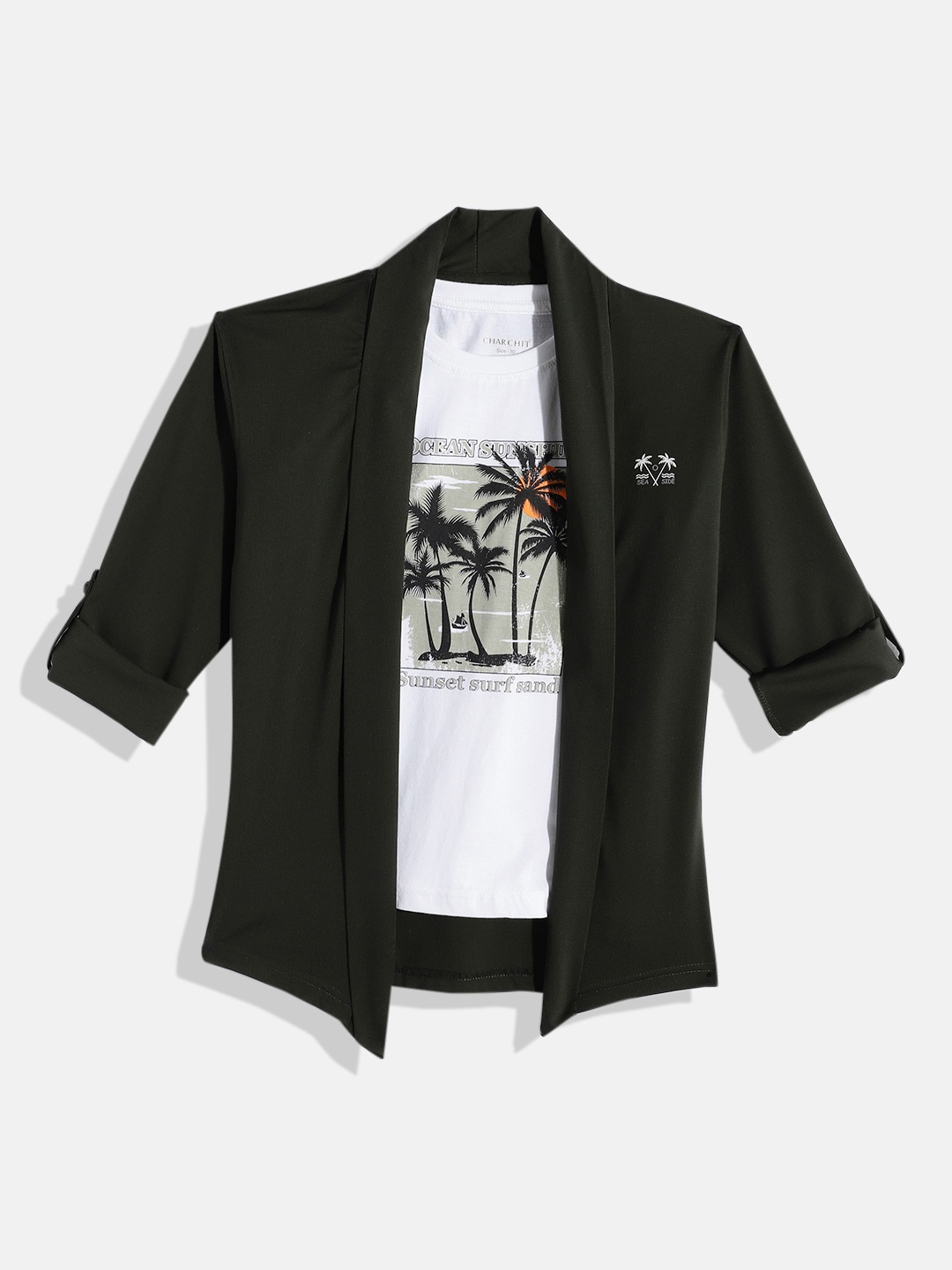 

CHARCHIT Boys Printed T-shirt With Shrug, White
