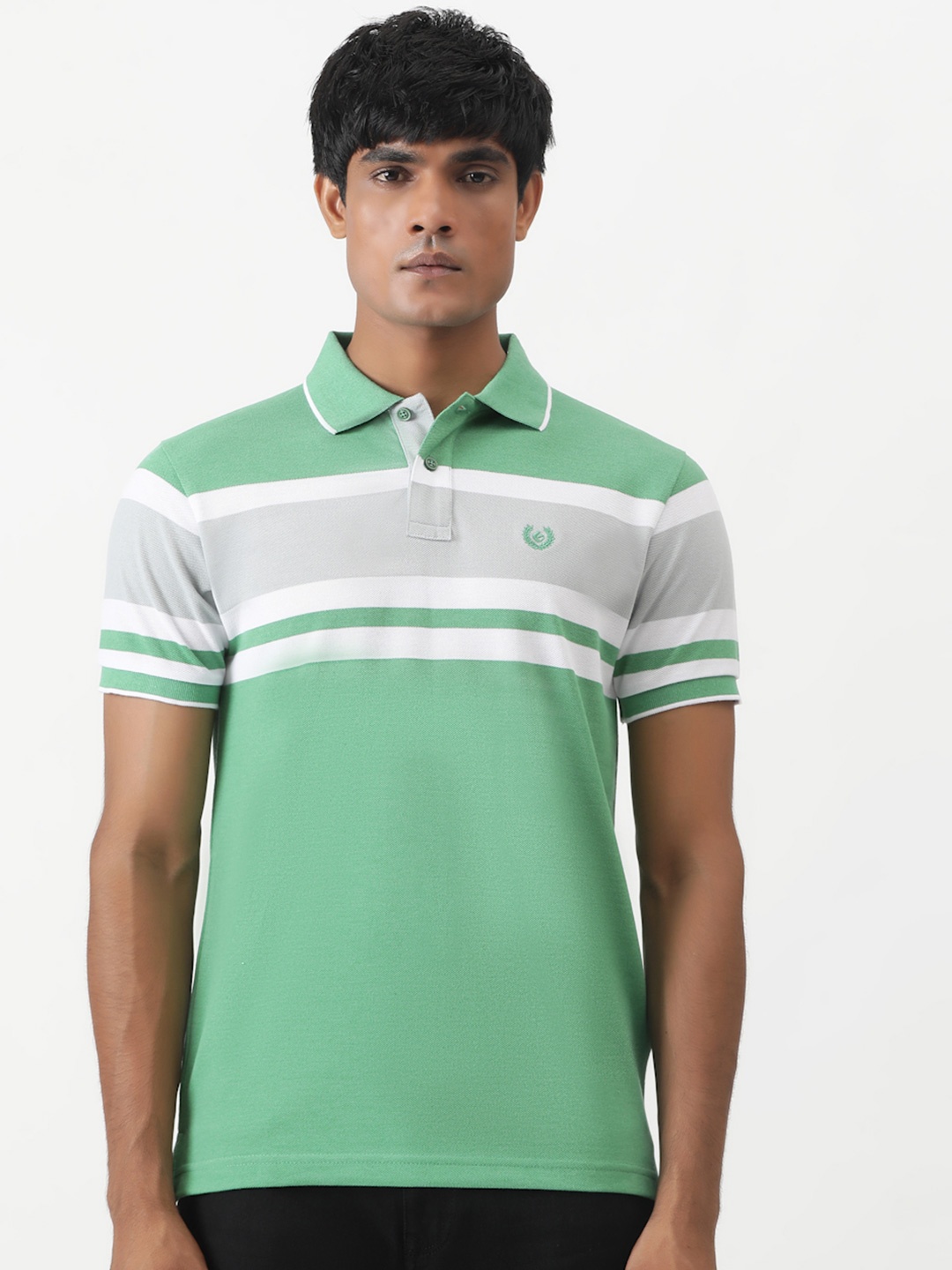 

Greenfibre Men Striped Polo Collar Slim Fit Casual T-Shirt, Green
