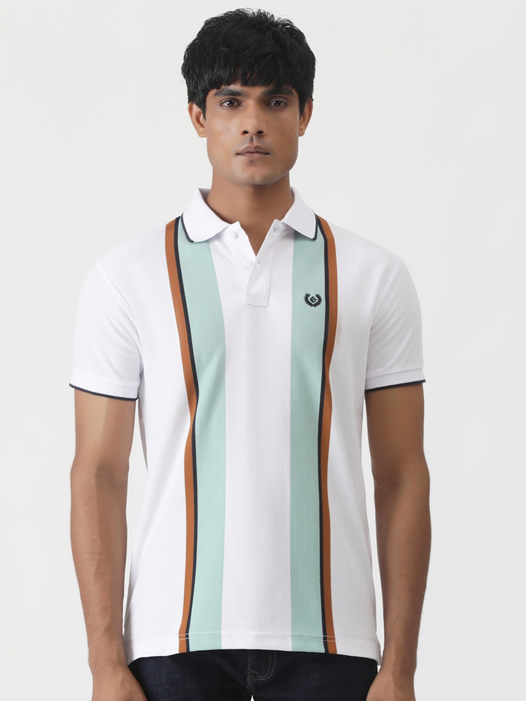 

Greenfibre Men Striped Polo Collar Slim Fit Casual T-Shirt, White