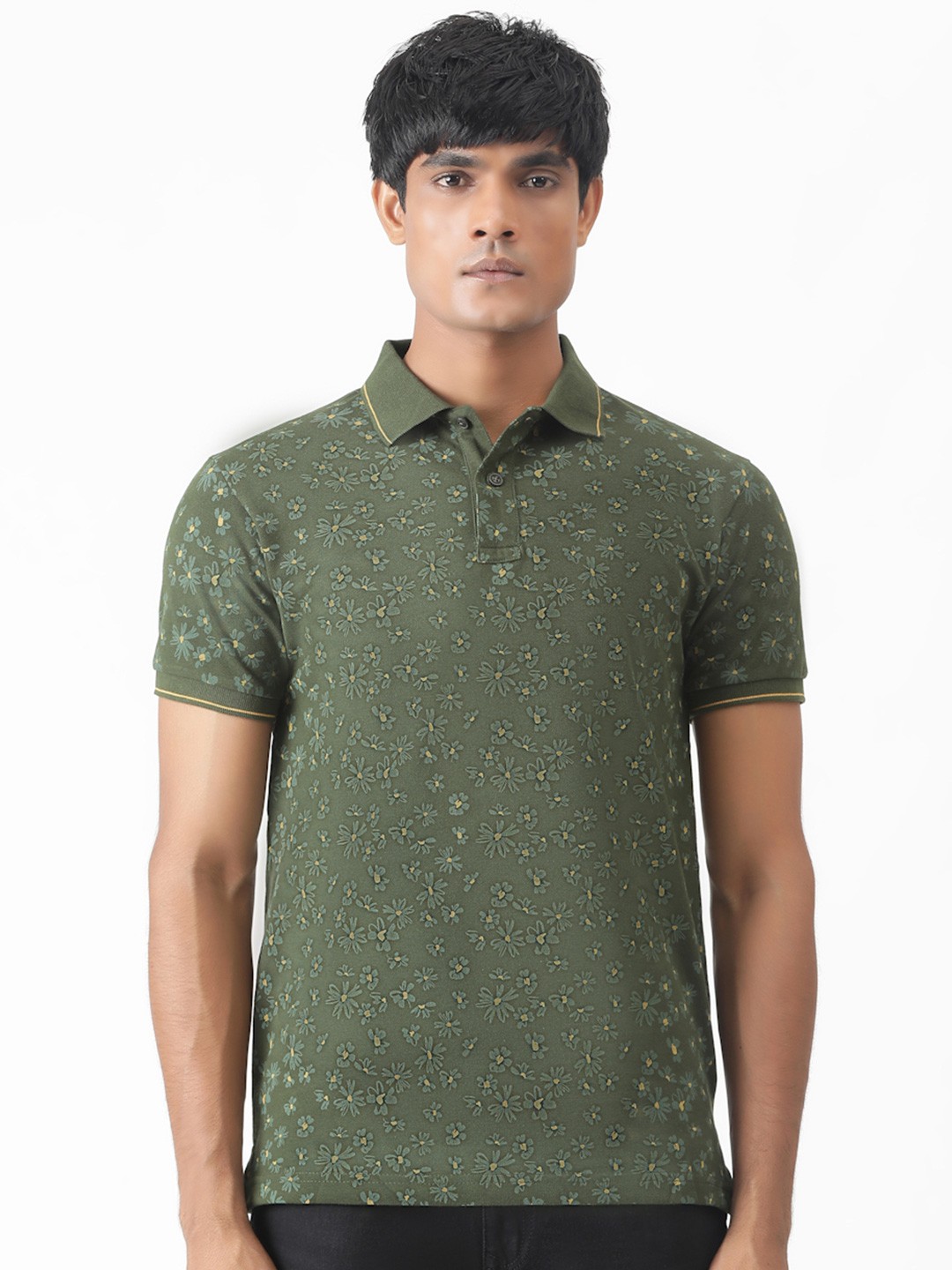 

Greenfibre Men Floral Printed Slim Fit Polo Collar Casual T-shirt, Olive