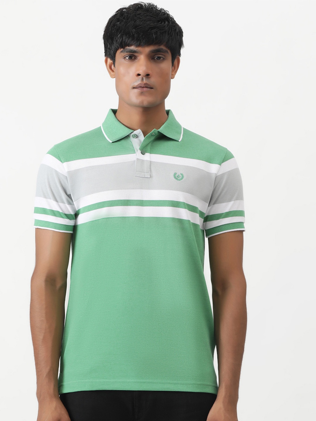 

Greenfibre Men Striped Polo Collar Slim Fit Casual T-Shirt, Green