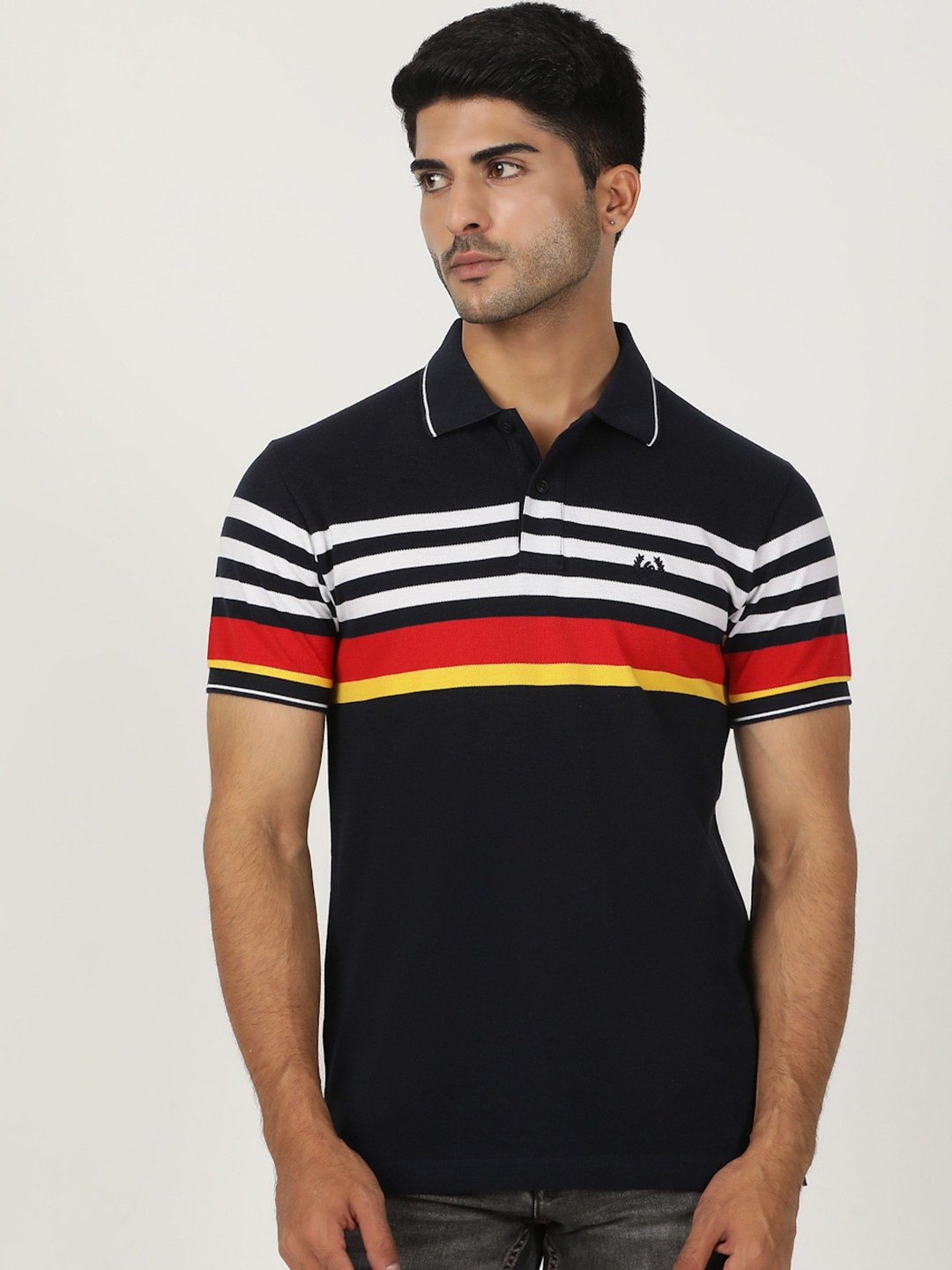 

Greenfibre Men Striped Polo Collar Slim Fit Casual T-Shirt, Navy blue