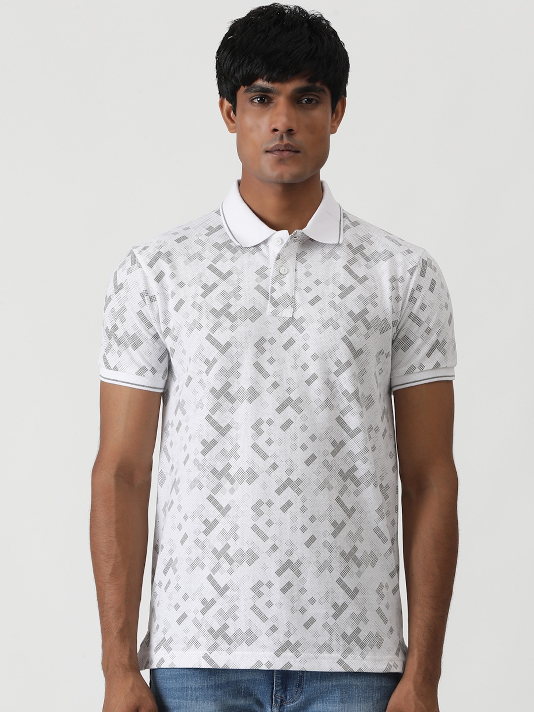 

Greenfibre Men Abstract Printed Slim Fit Polo Collar Casual T-shirt, White