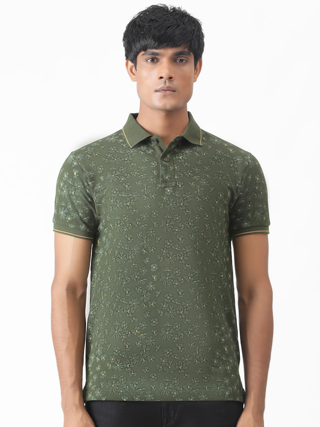 

Greenfibre Men Floral Printed Slim Fit Polo Collar Casual T-shirt, Olive