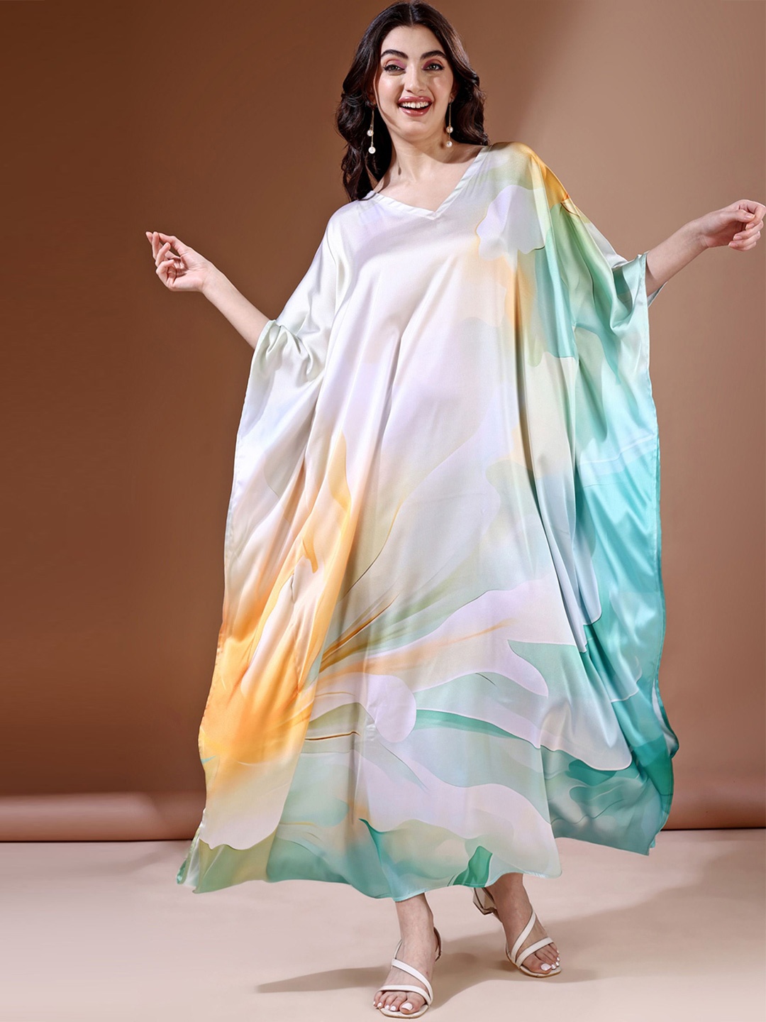 

LABEL AARNA Aqua Waves Soft Satin Kaftan with Digital Print, White