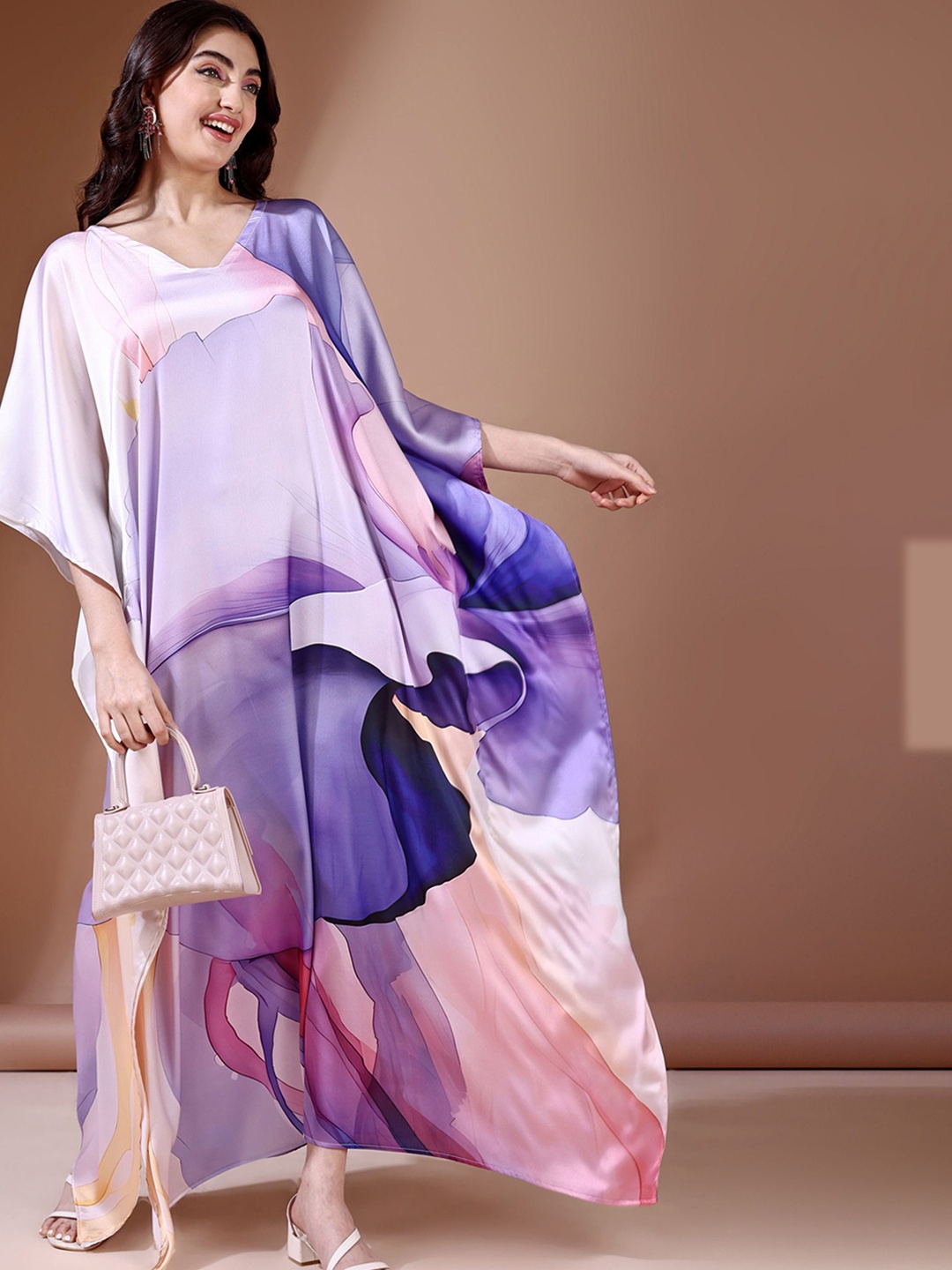 

LABEL AARNA Royal Haze Soft Satin Kaftan with Digital Print, Purple