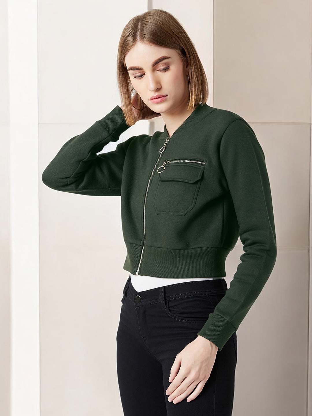 

Miss Chase Women Washed Suede Crop Tailored Jacket, Green