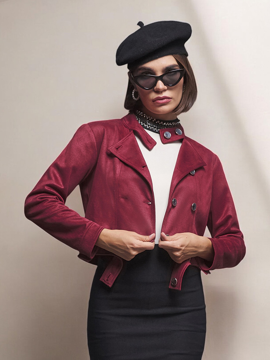 

Miss Chase Women Geometric Suede Crop Biker Jacket, Red