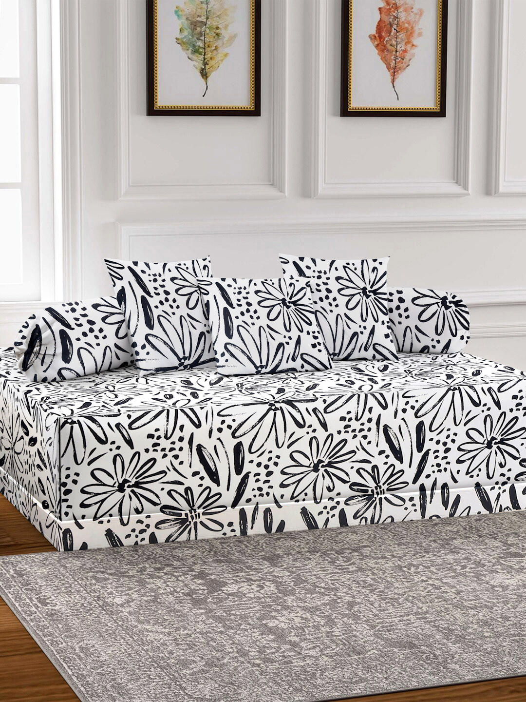 

Arrabi 6-Pcs White & Black Printed Diwan Set